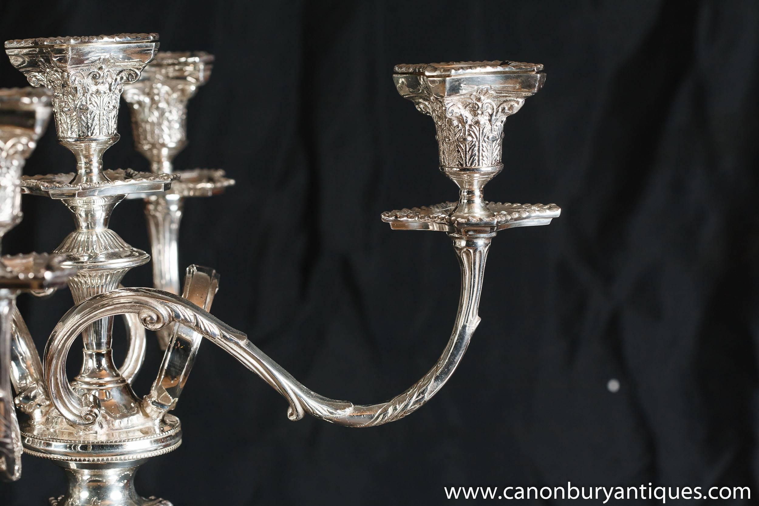 Contemporary Regency Style Silver Plate Candelabras Doric Column Candles For Sale