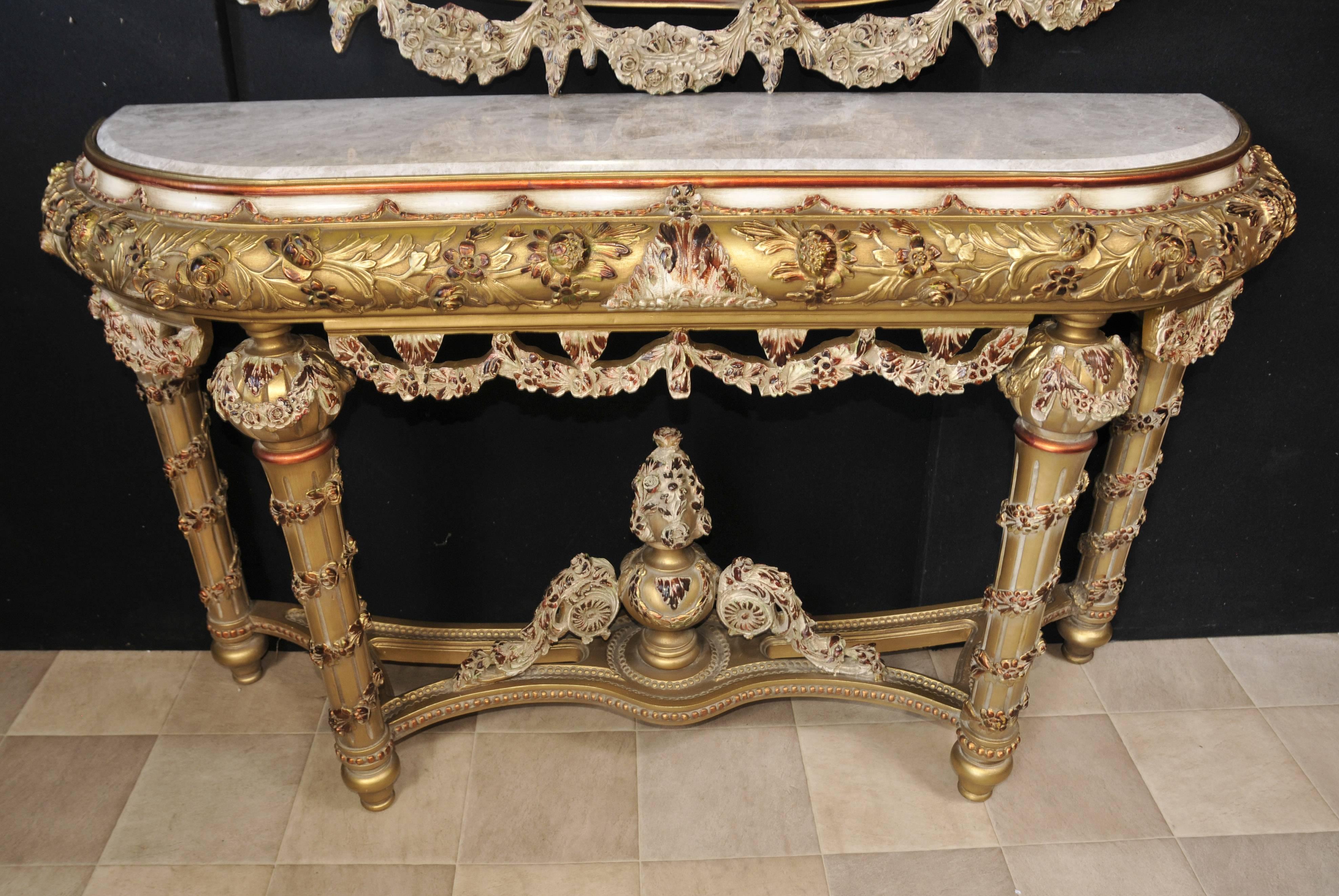 Louis XVI Style Painted Console Table and Mirror Set Rococo Furniture For Sale 1