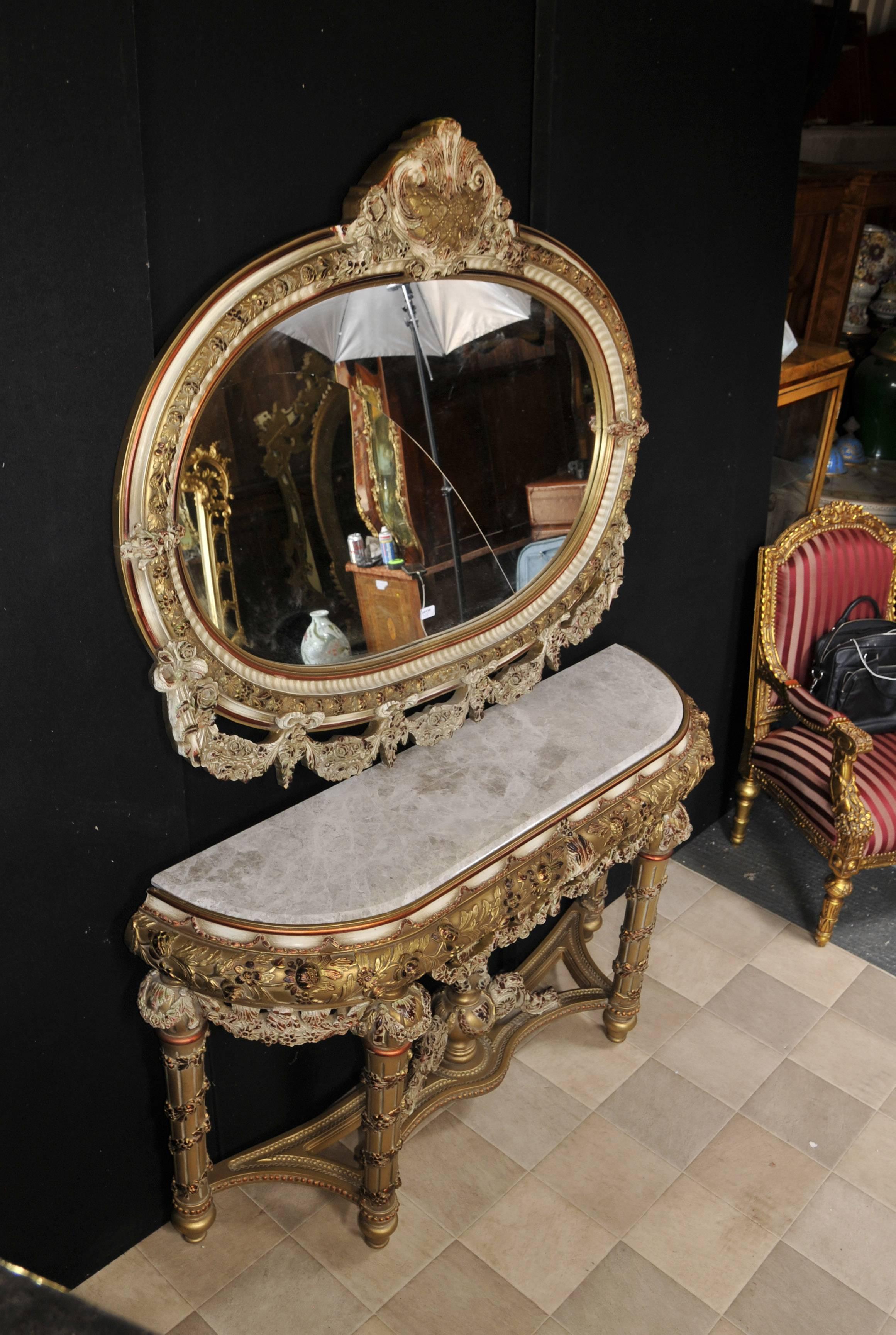 Louis XVI Style Painted Console Table and Mirror Set Rococo Furniture For Sale 2