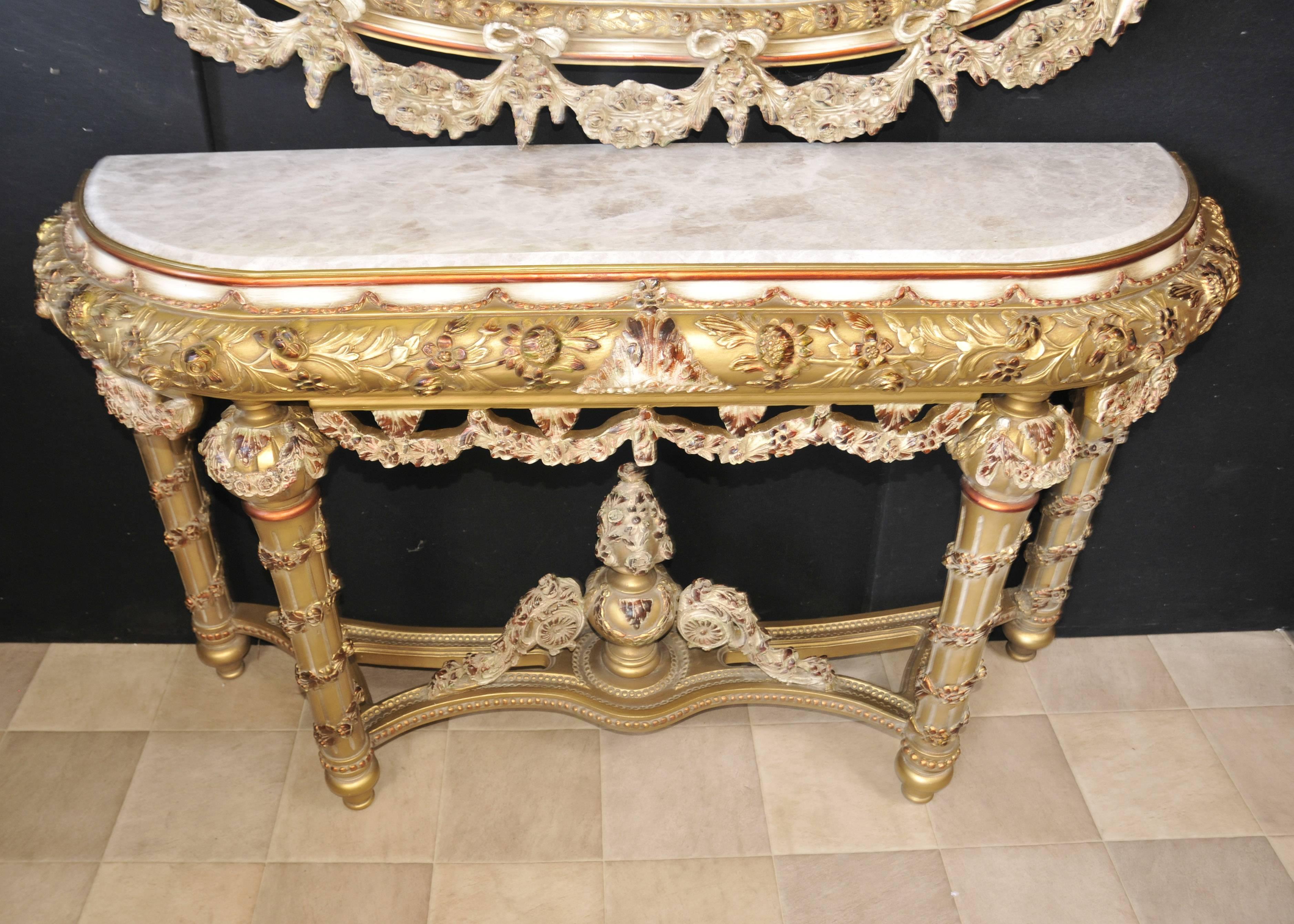 Louis XVI Style Painted Console Table and Mirror Set Rococo Furniture For Sale 5