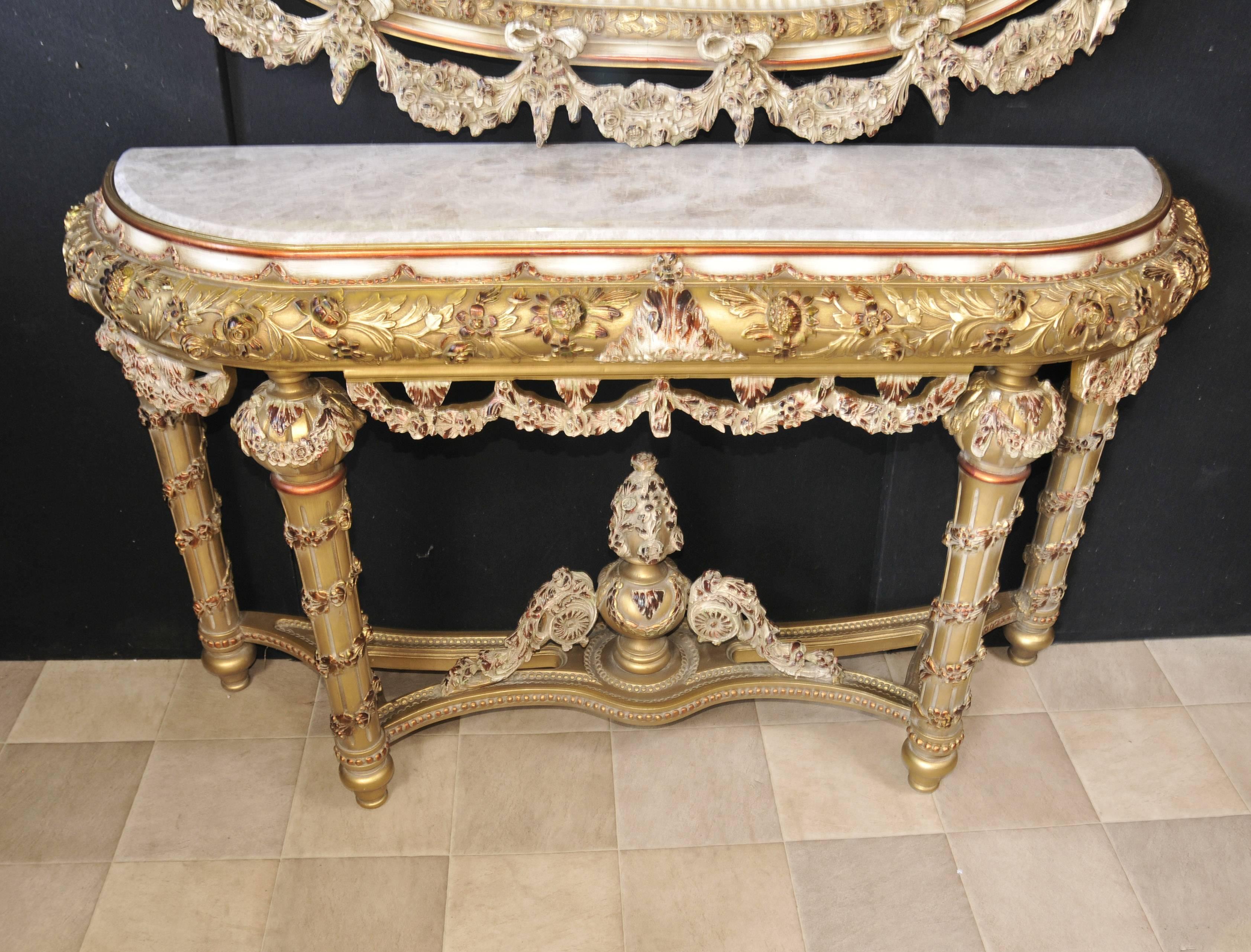 Louis XVI Style Painted Console Table and Mirror Set Rococo Furniture For Sale 4