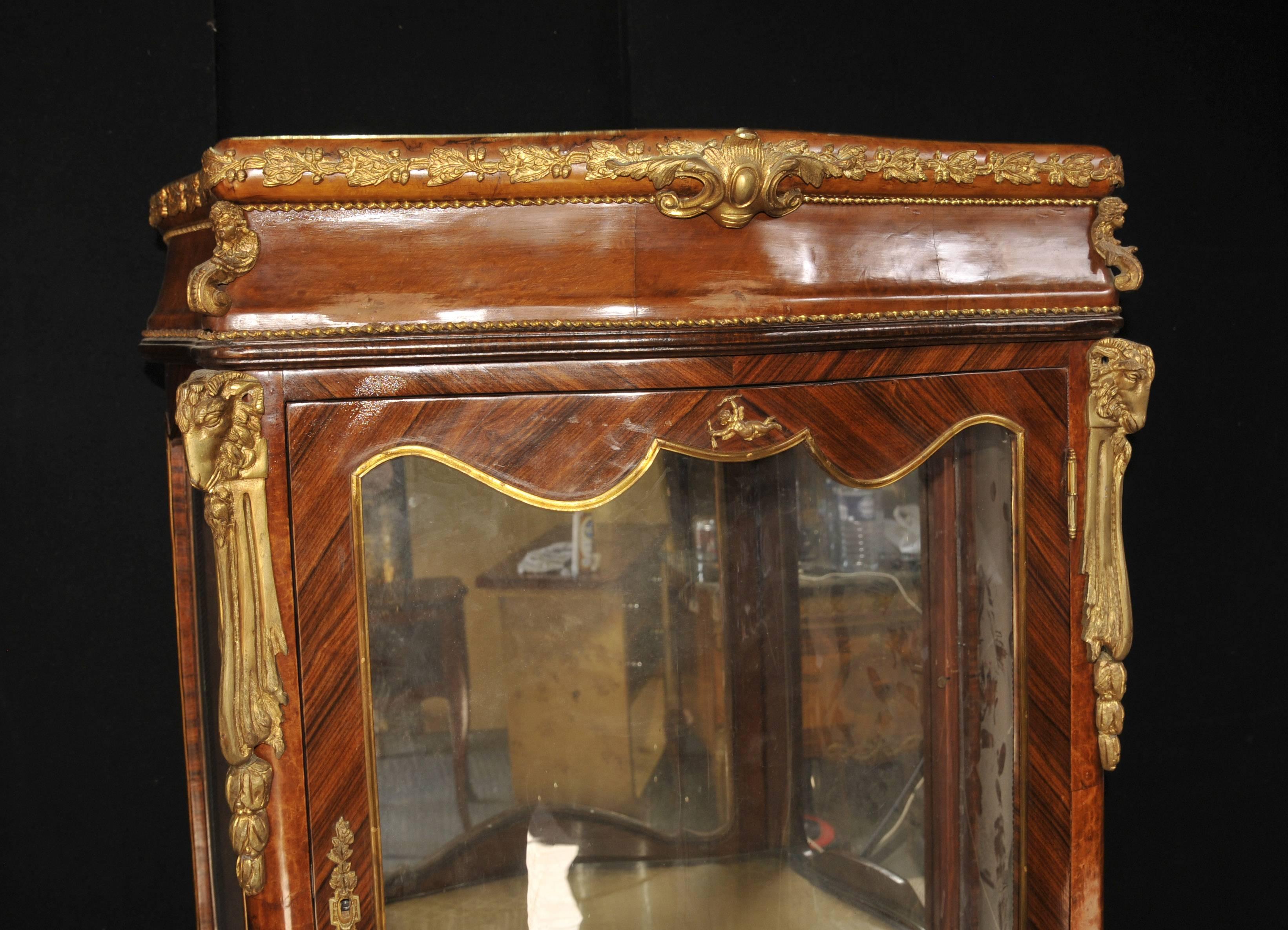 Early 20th Century Antique French Empire Glass Display Cabinet Bijouterie Marquetry Inlay, 1900 For Sale