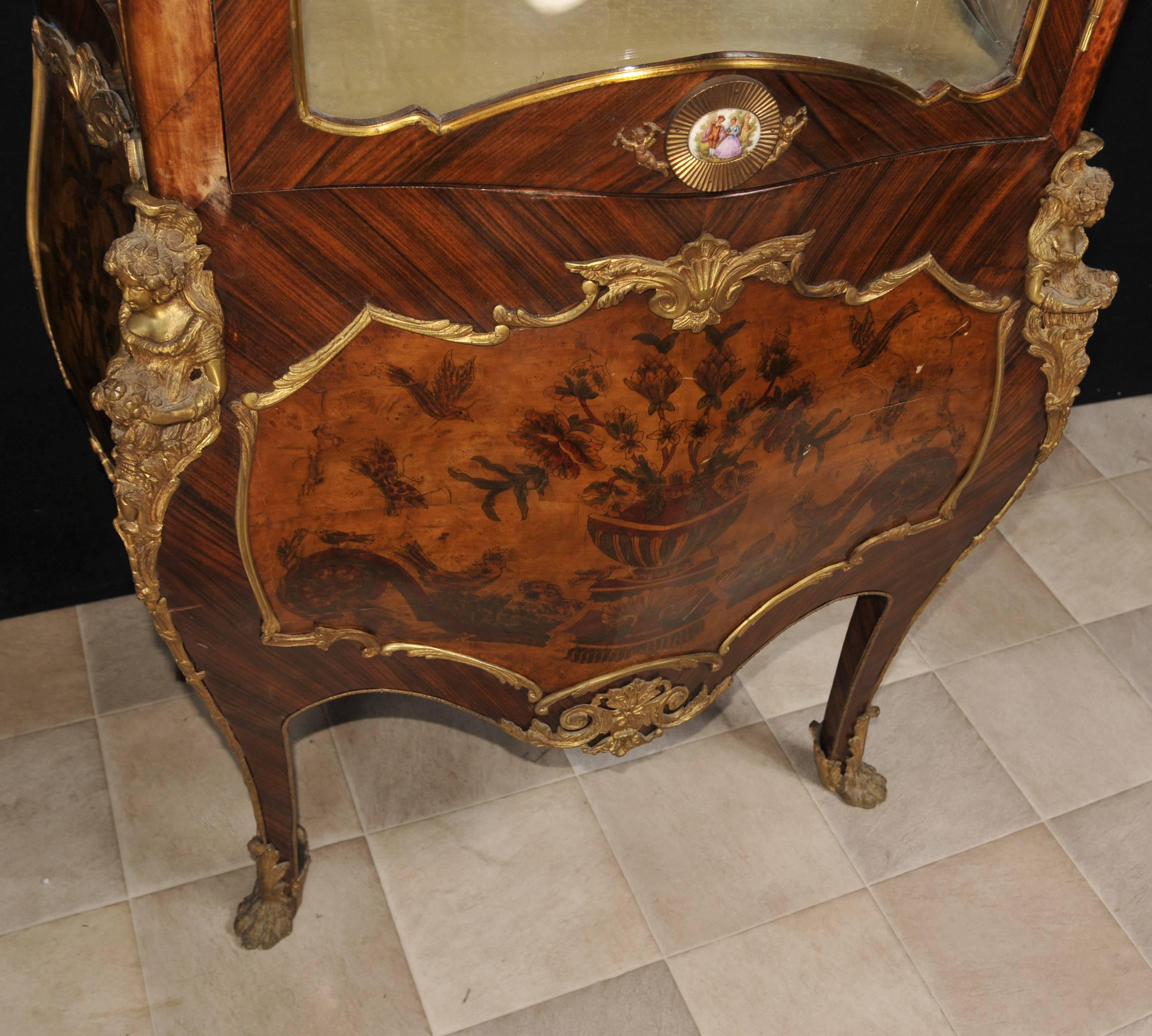 Antique French Empire Glass Display Cabinet Bijouterie Marquetry Inlay, 1900 For Sale 2