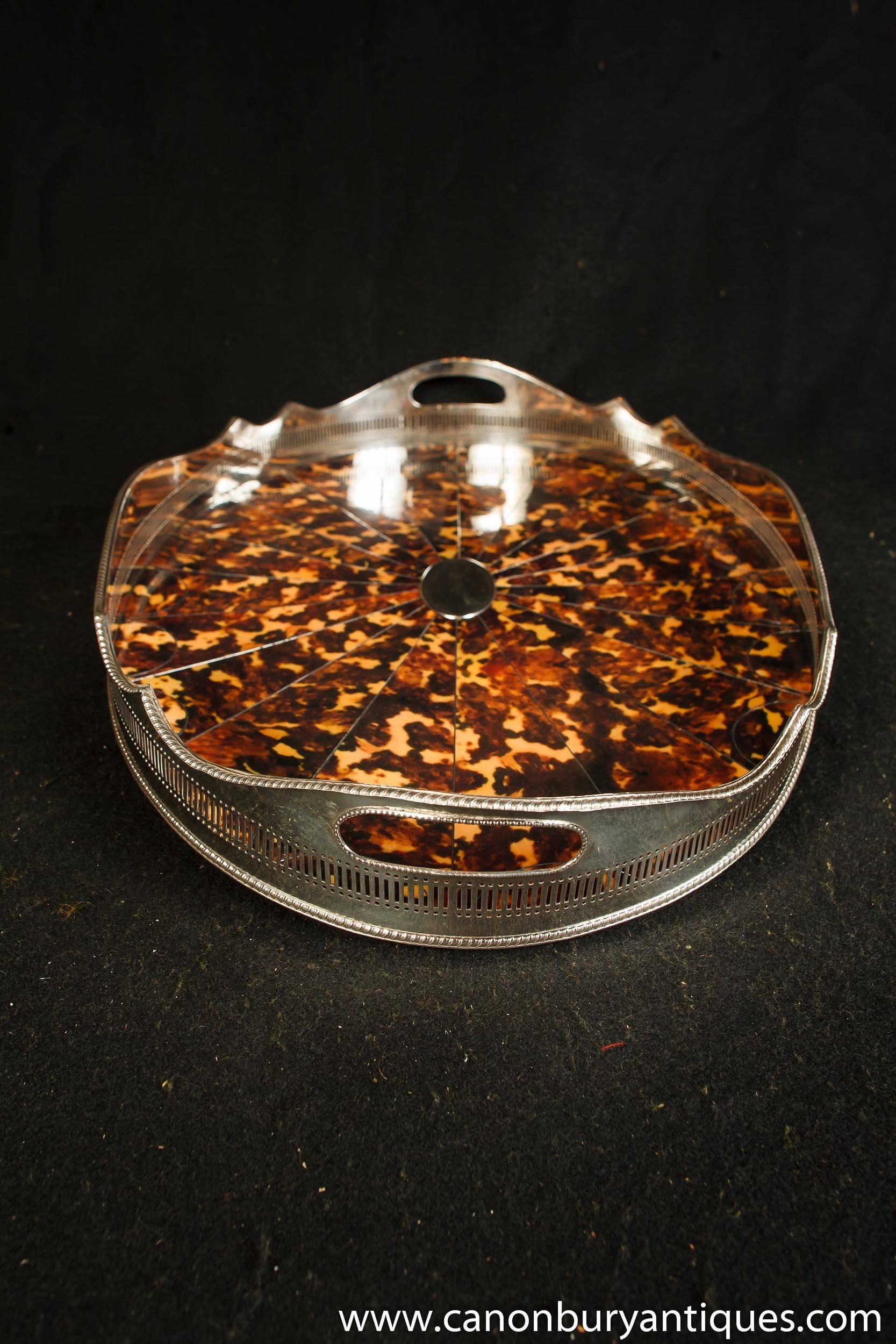 Victorian Style Silver Plate Butlers Tray Faux-Tortoiseshell Platter In Good Condition For Sale In Potters Bar, Herts