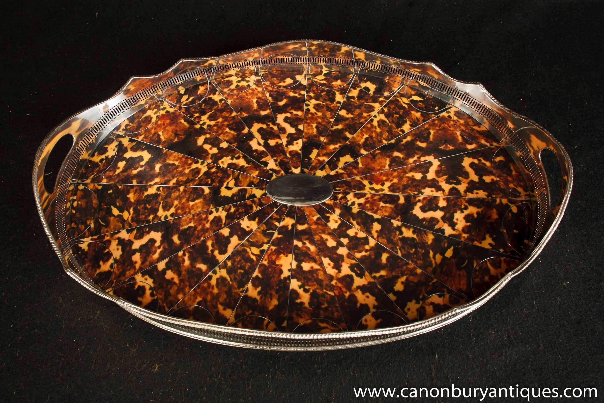 Victorian Style Silver Plate Butlers Tray Faux-Tortoiseshell Platter For Sale 5