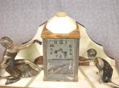 French Antique Art Deco Mantle Clock Set Spelter Figurine 1920s Marble Urns