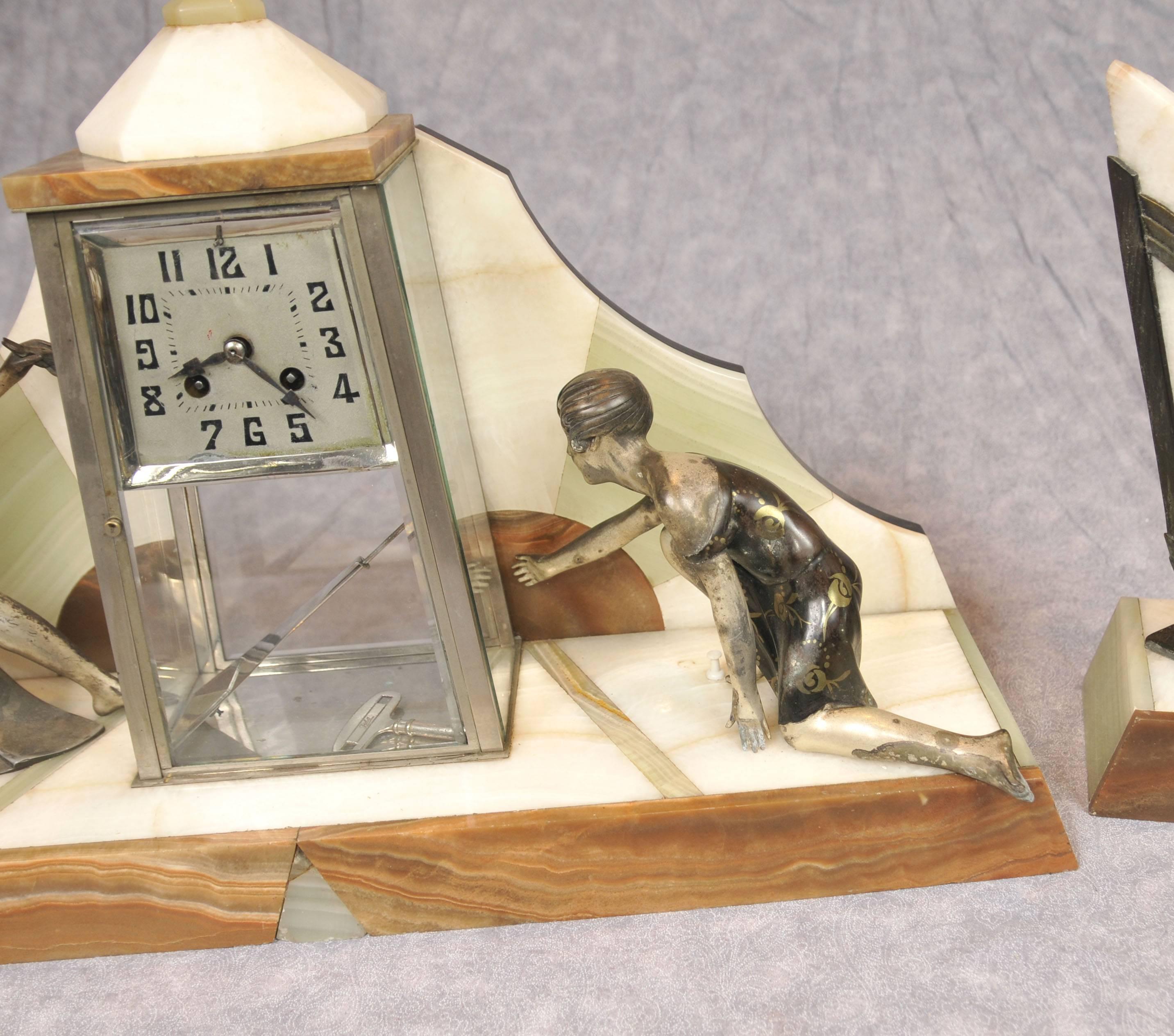 French Antique Art Deco Mantle Clock Set Spelter Figurine 1920s Marble Urns For Sale 2