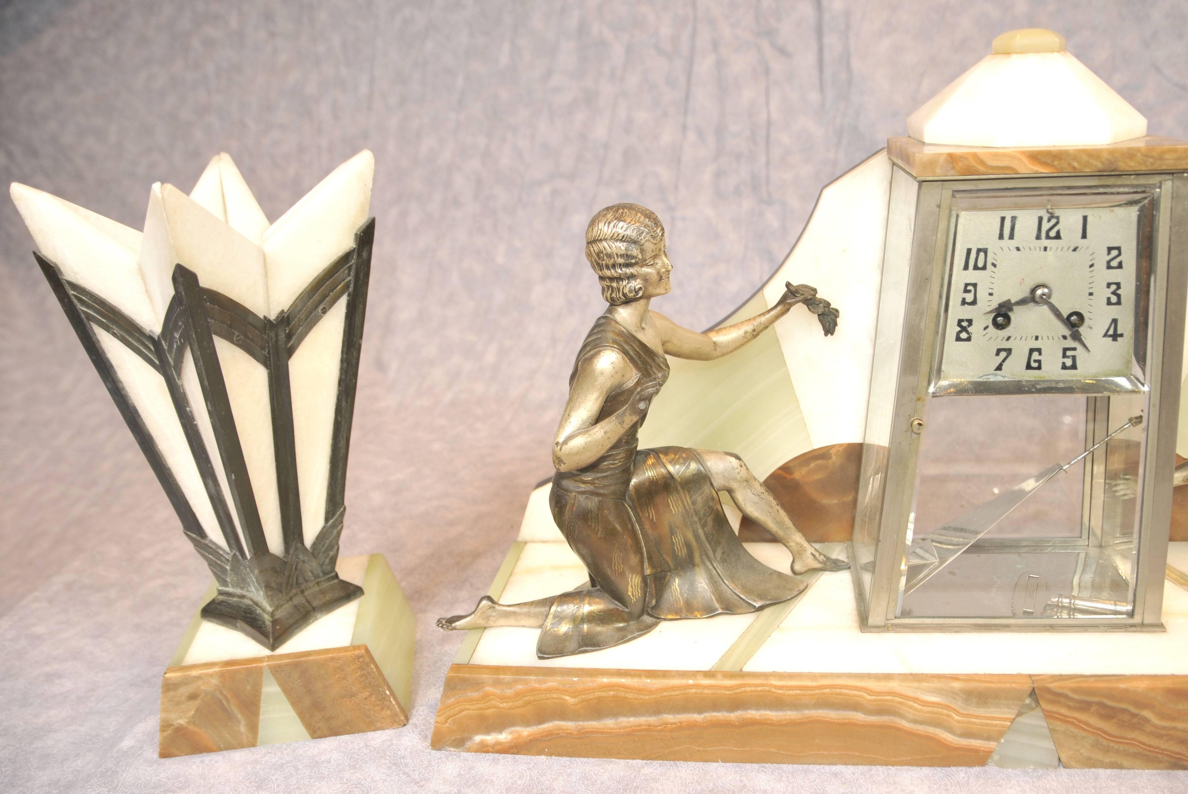 French Antique Art Deco Mantle Clock Set Spelter Figurine 1920s Marble Urns For Sale 3