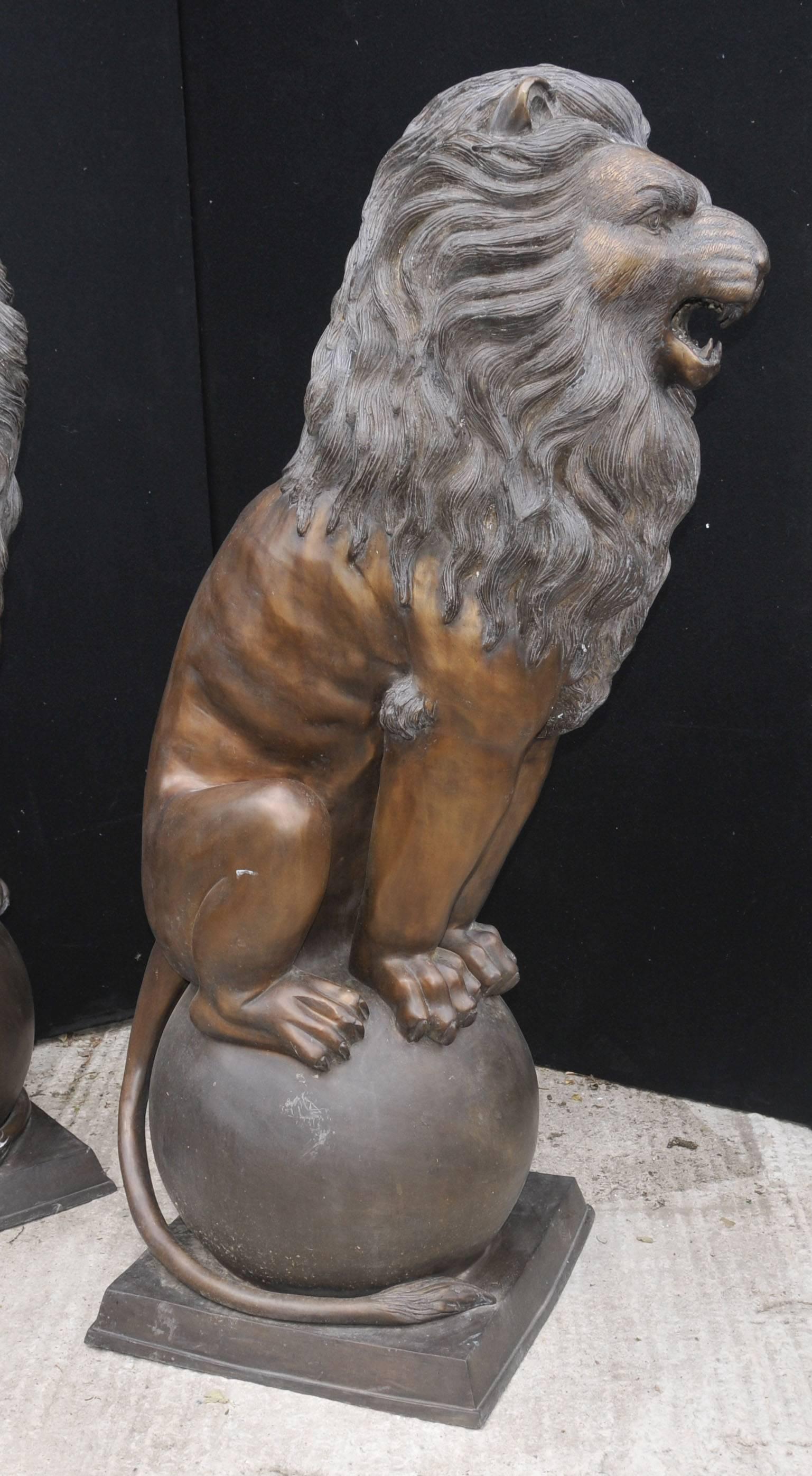 Gorgeous pair of large bronze lions on balls.
Classic pair of gatekeepers, these would look great guarding your door or property.
Stand in at five feet tall - 157 cm - so good size to these.
Lovely brown patina to this pair.
Of course being