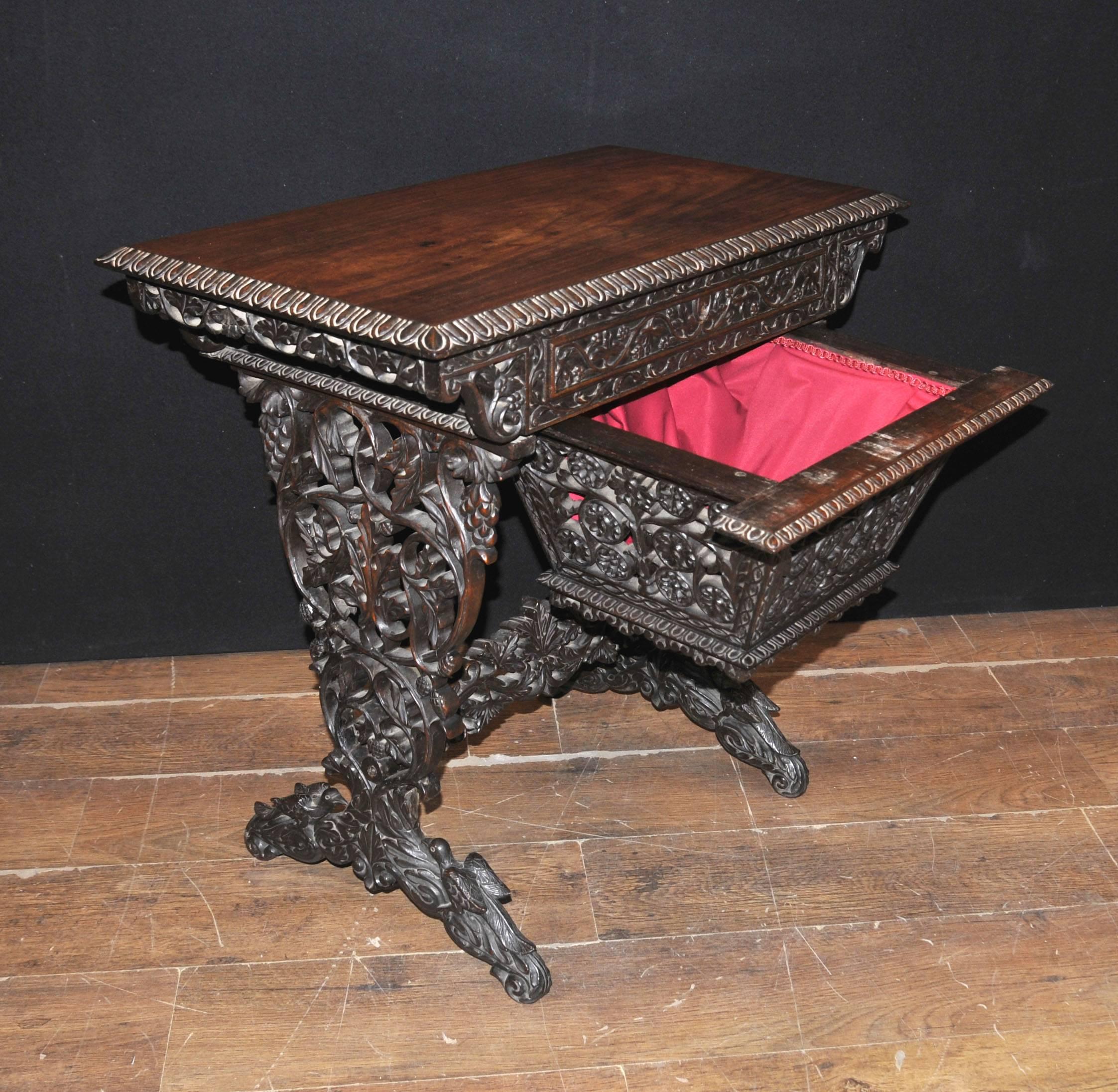 Antique Hand-Carved Burmese Desk Writing Table, 1890, Hardwood In Good Condition For Sale In Potters Bar, Herts