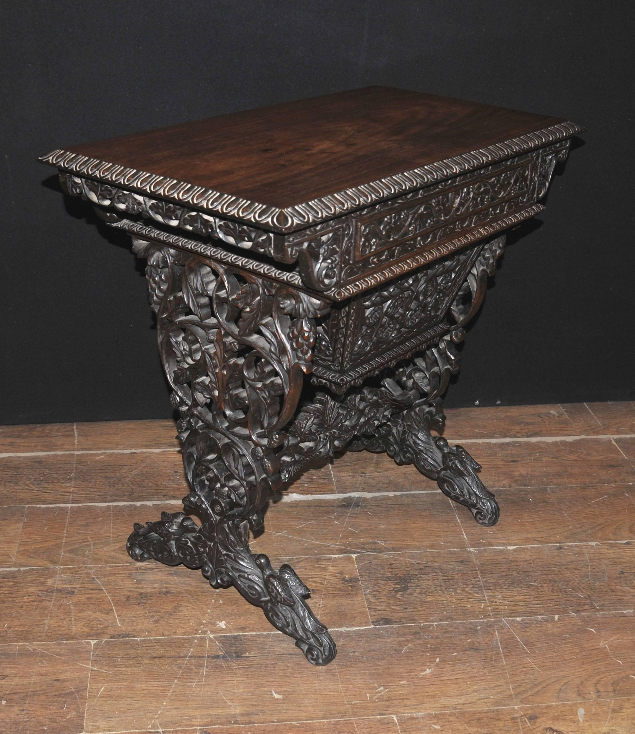 Late 19th Century Antique Hand-Carved Burmese Desk Writing Table, 1890, Hardwood For Sale