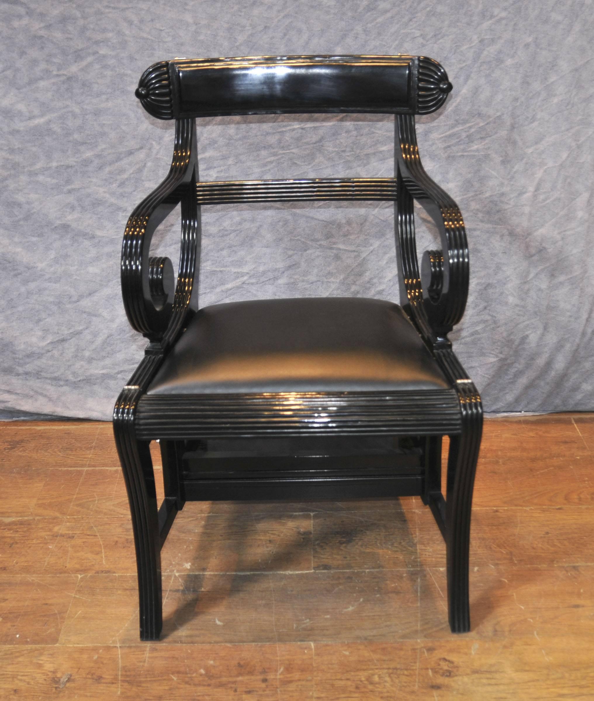 Absolutely unique Regency style armchair library step ladder combination a metamorphic chair.
Chair easily converts into library steps by swinging the backrest backwards after unlatching.
Wow have you seen anything like this?
Great space saving