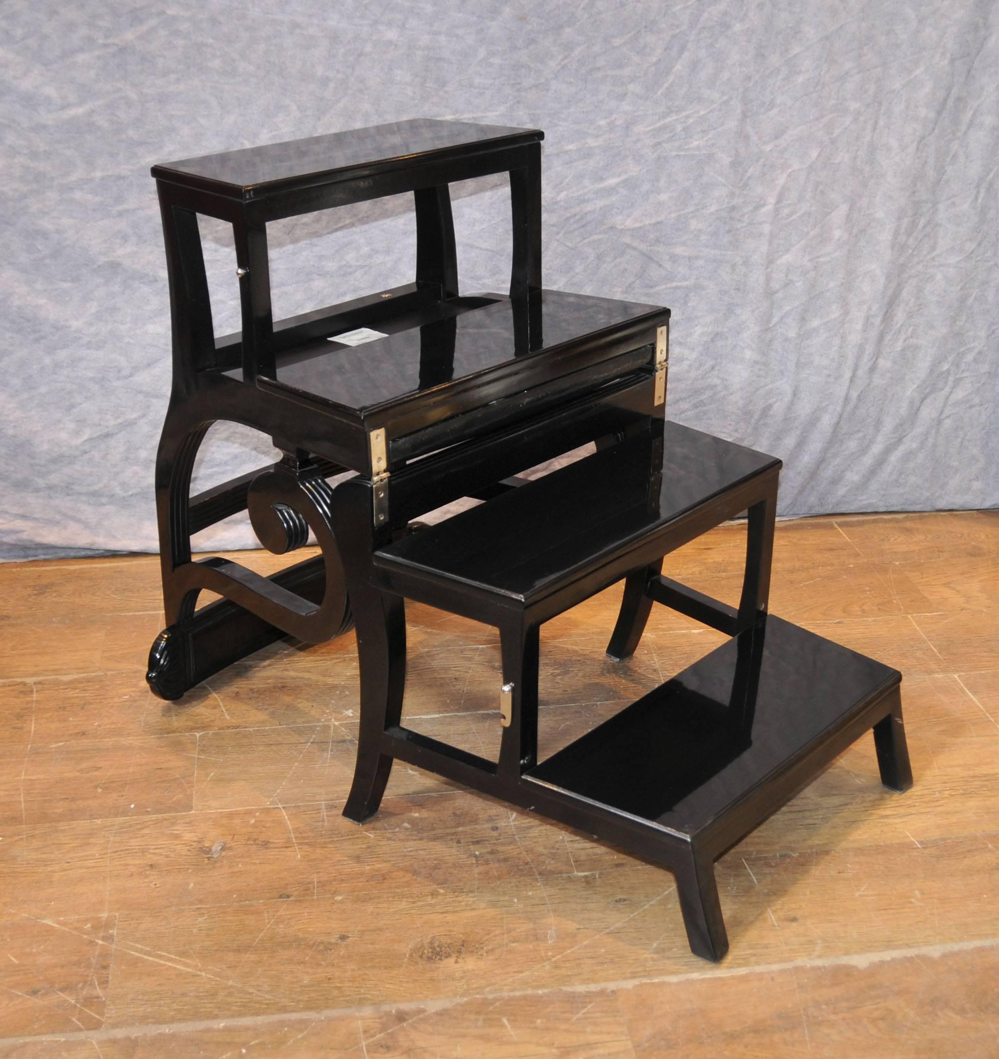 Late 20th Century Black Lacquer Regency Style Metamorphic Chair Library Step Ladder For Sale