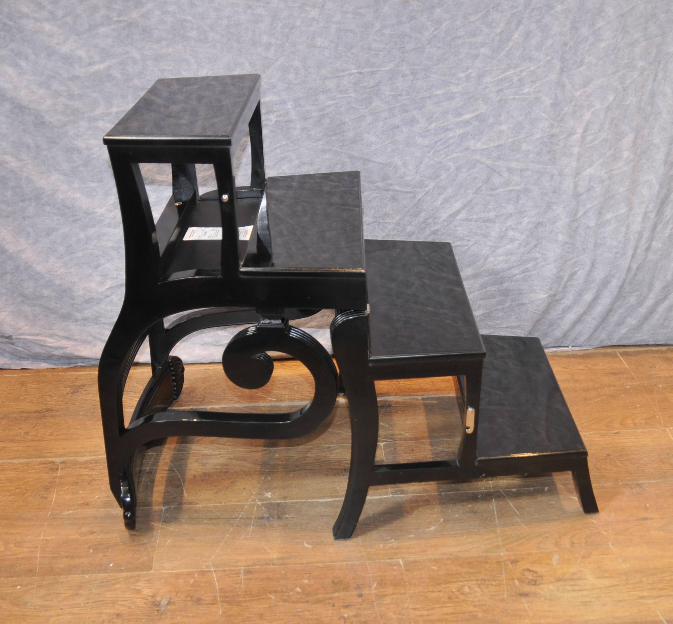 Black Lacquer Regency Style Metamorphic Chair Library Step Ladder For Sale 3