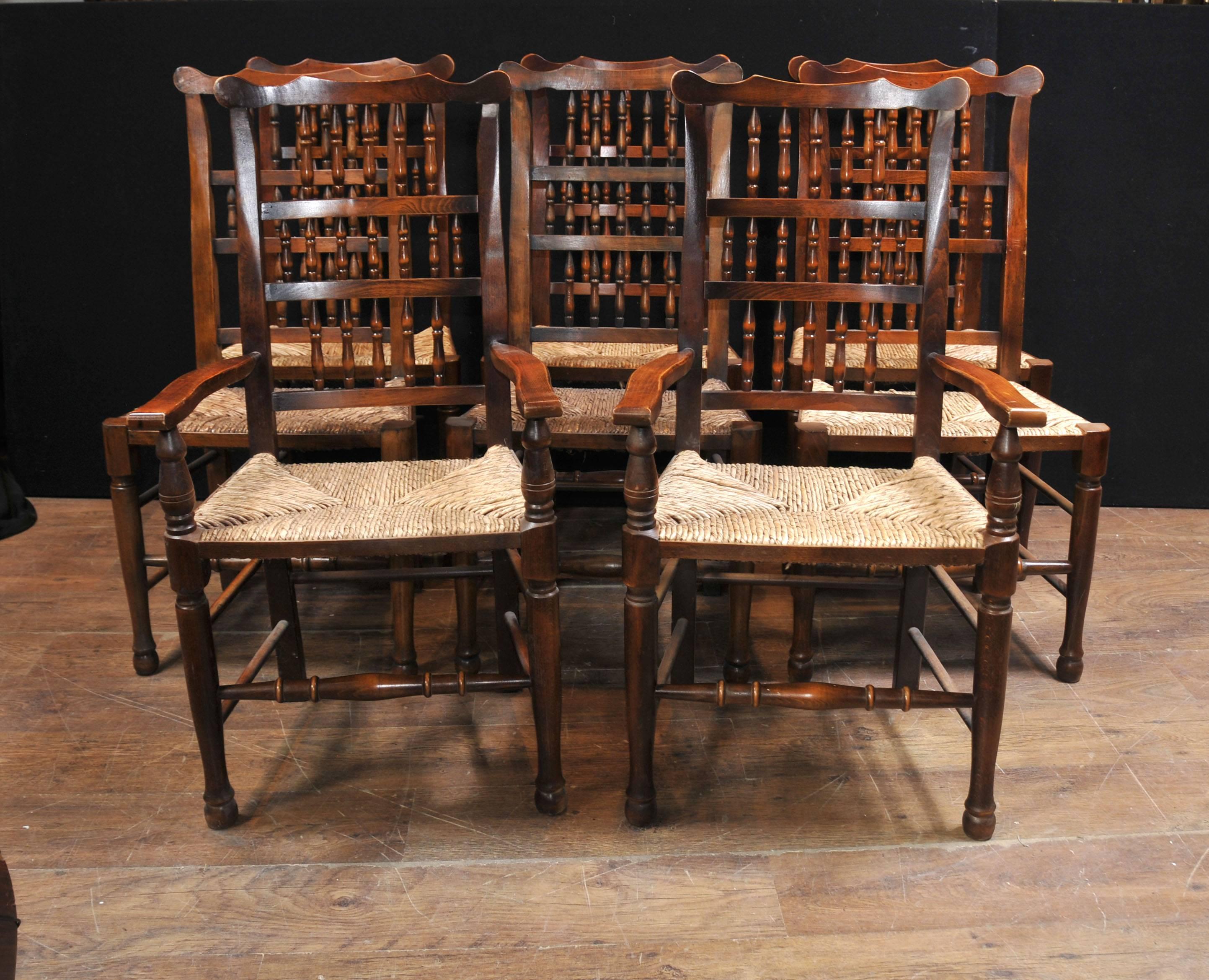 Set of Eight Oak Spindle Back Dining Chairs Kitchen Farmhouse Dinner For Sale 2