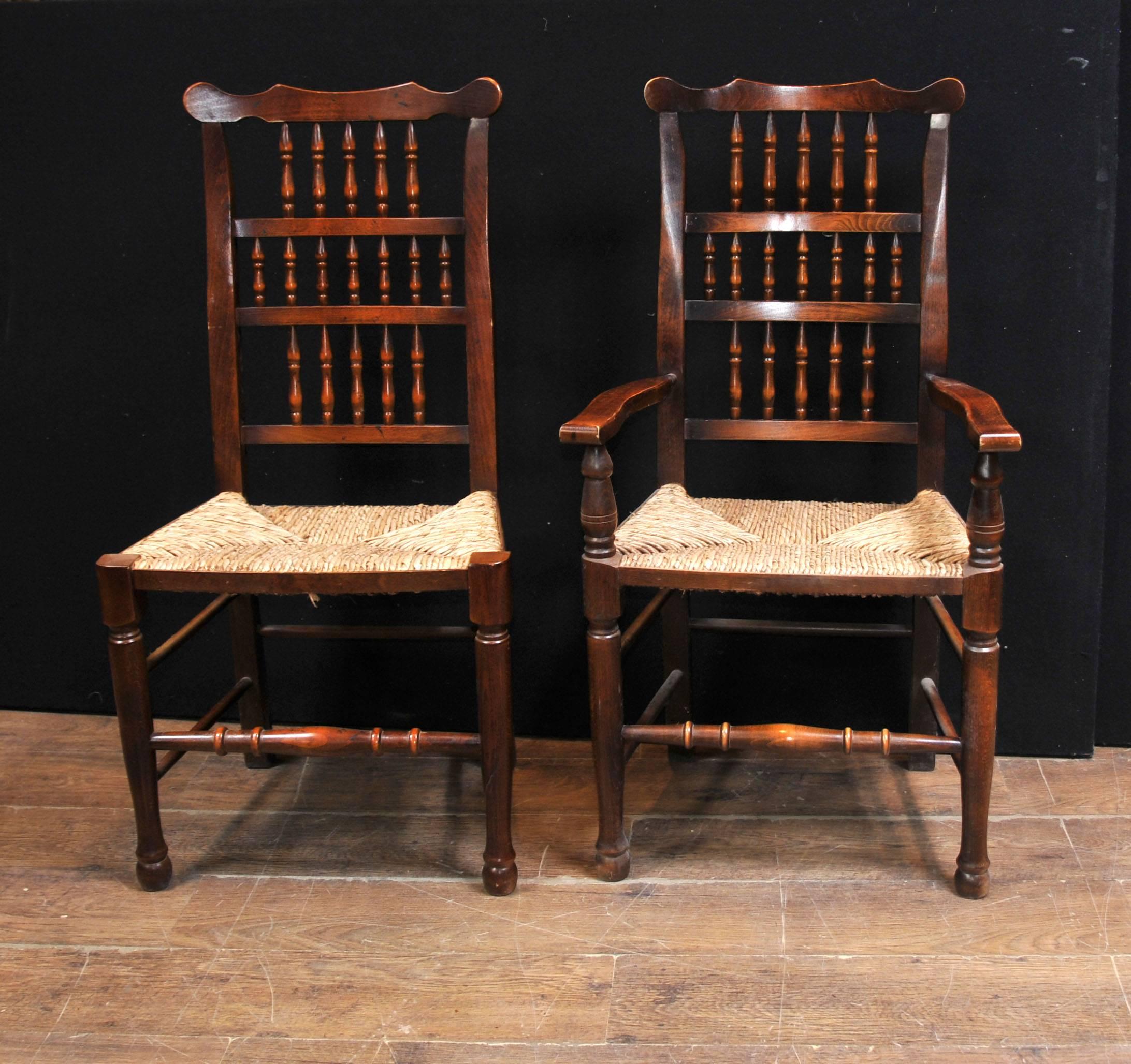 Late 20th Century Set of Eight Oak Spindle Back Dining Chairs Kitchen Farmhouse Dinner For Sale