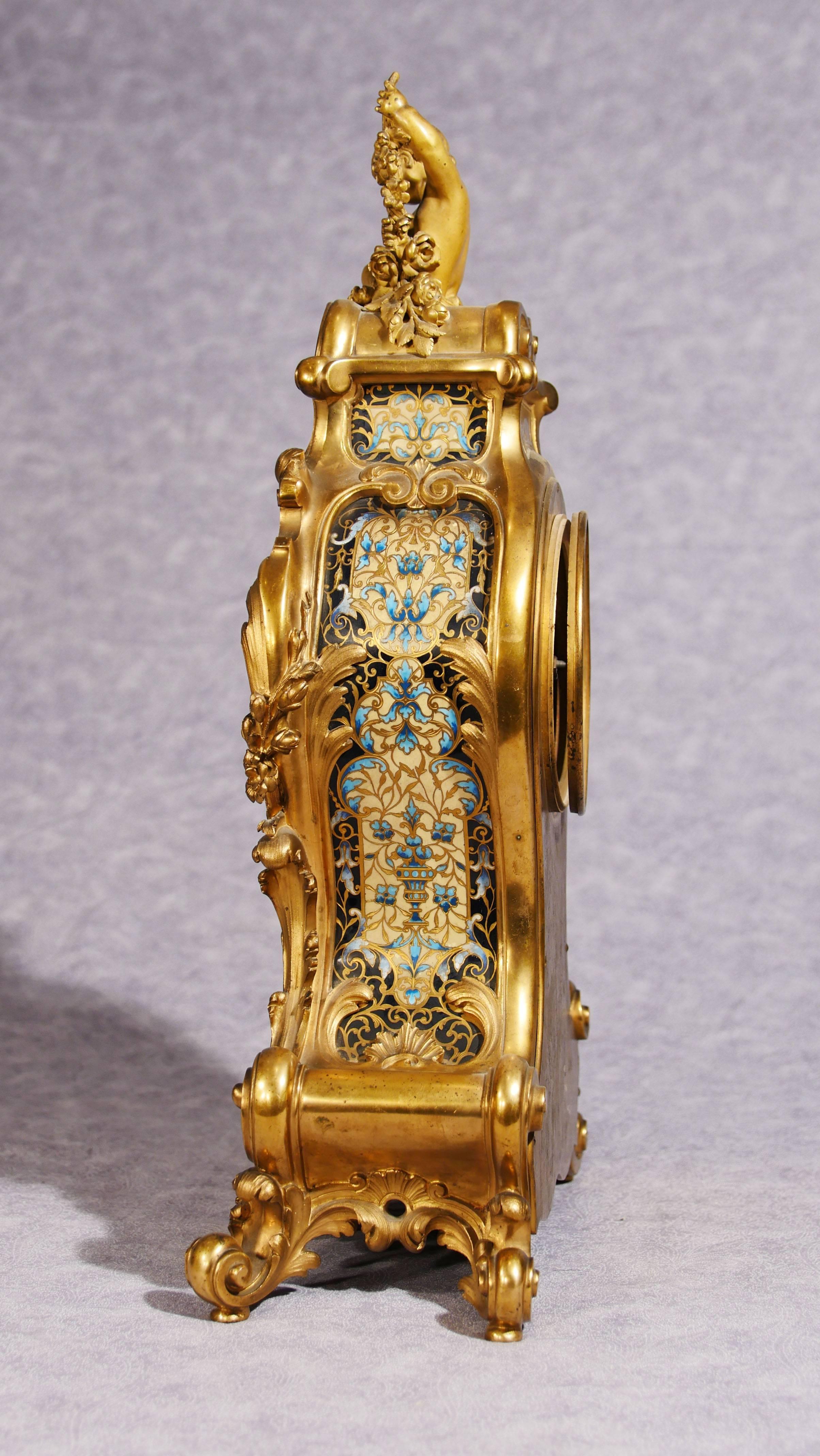 Antique French Empire Cloisonné́ Mantle Clock Rococo Ormolu Cherub For Sale 4