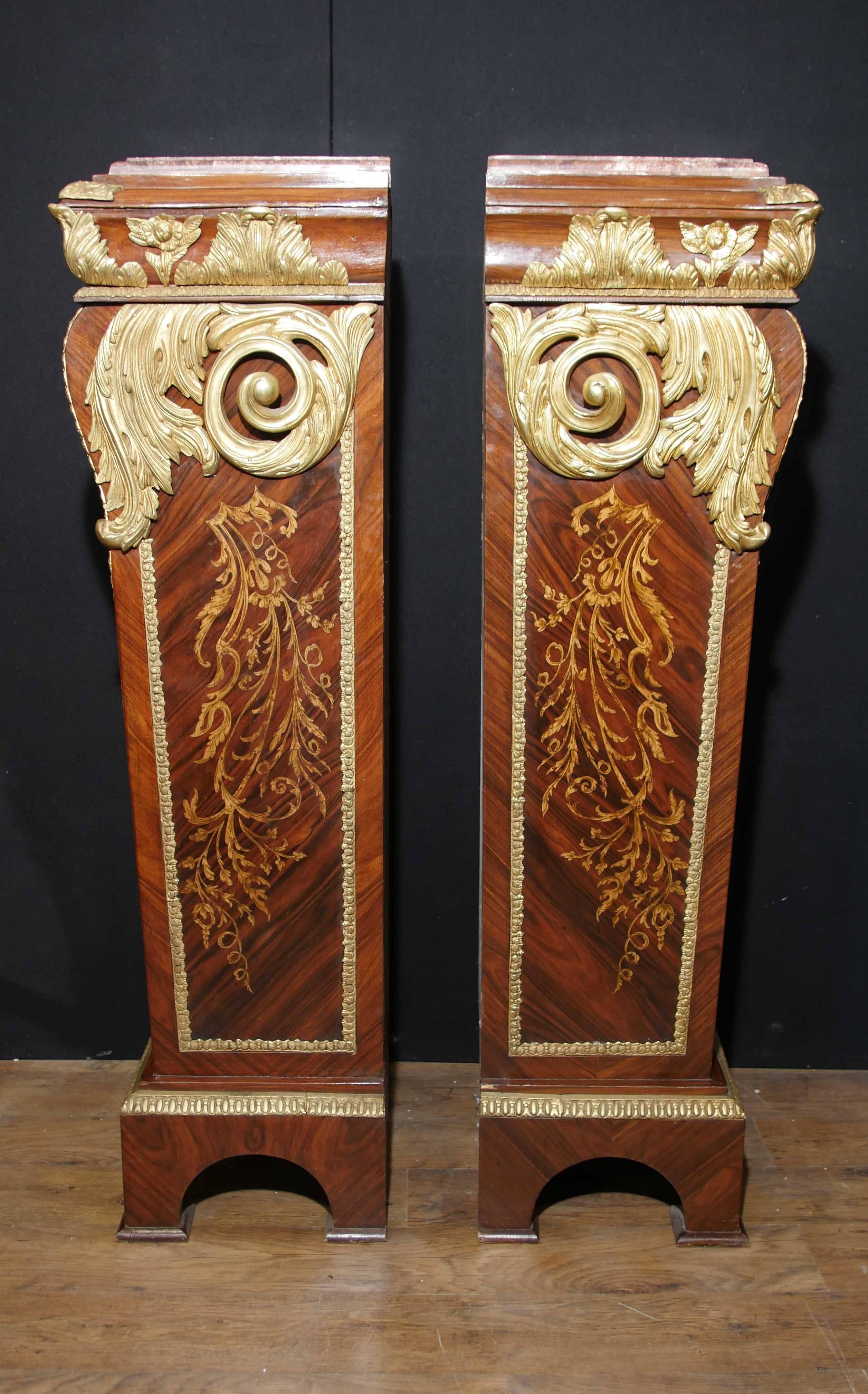 Late 20th Century Pair of French Empire Kingwood Pedestal Table Stands Marquetry Inlay For Sale