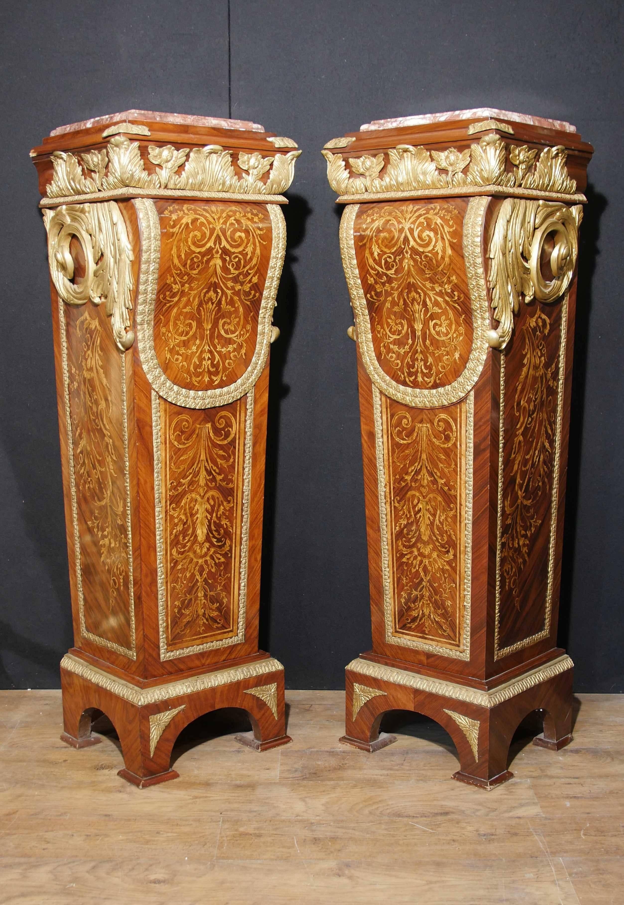 Pair of French Empire Kingwood Pedestal Table Stands Marquetry Inlay For Sale 4