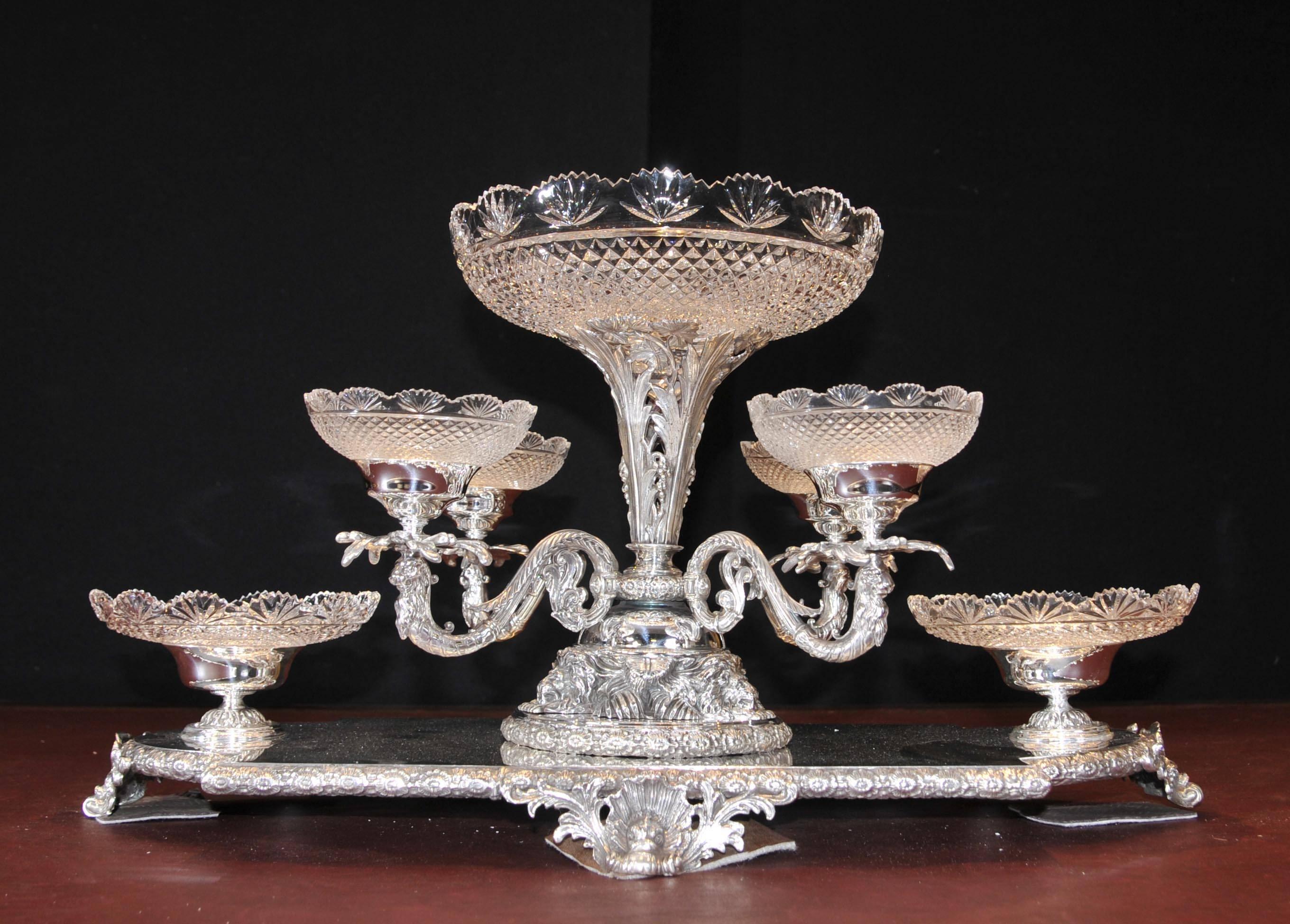 Mid-20th Century Sheffield Silver Plate Centrepiece Glass Epergne Victorian Platter For Sale