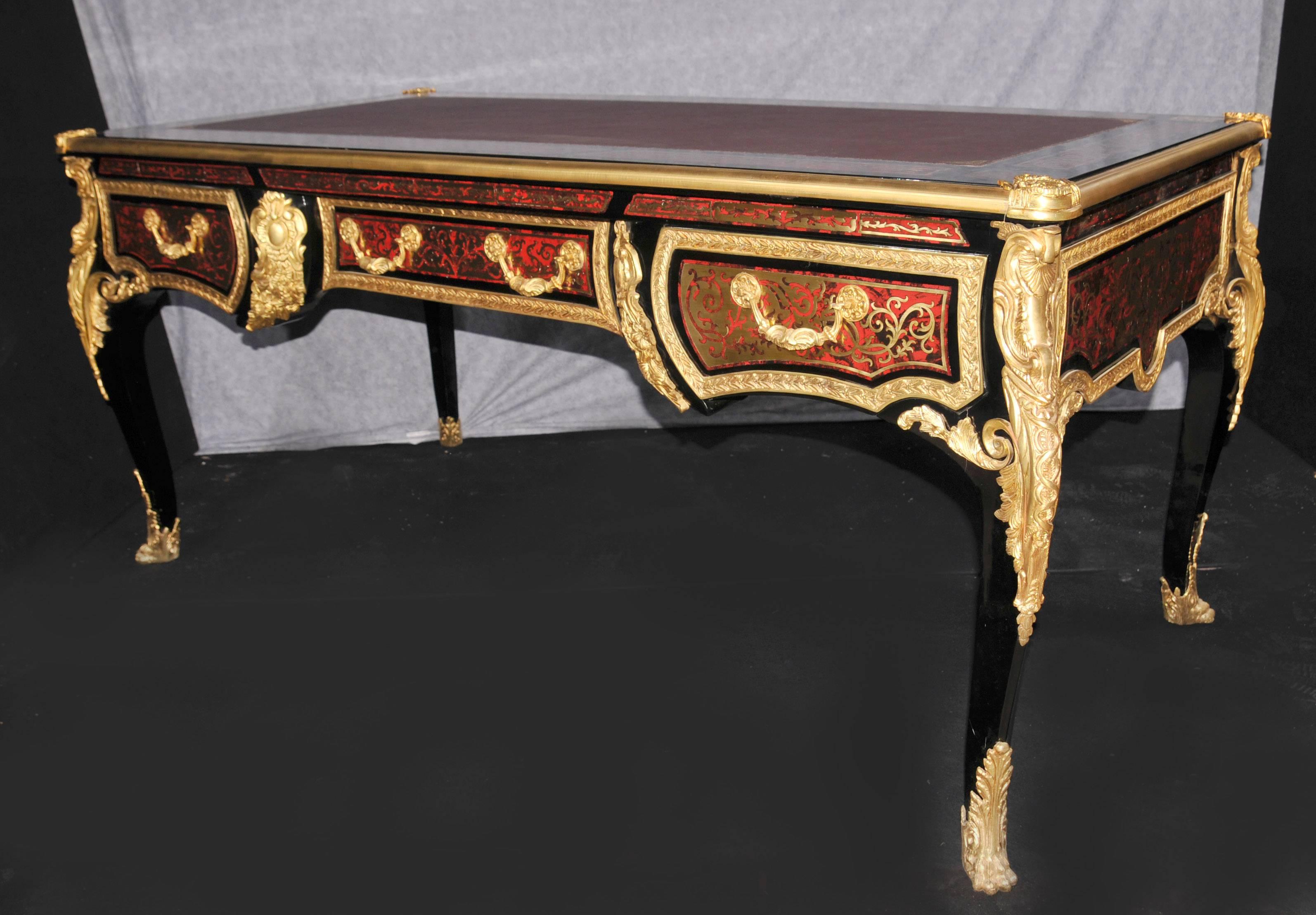 Large Boulle Louis XVI Desk Writing Table Bureau Plat Marquetry Inlay In Good Condition For Sale In Potters Bar, Herts