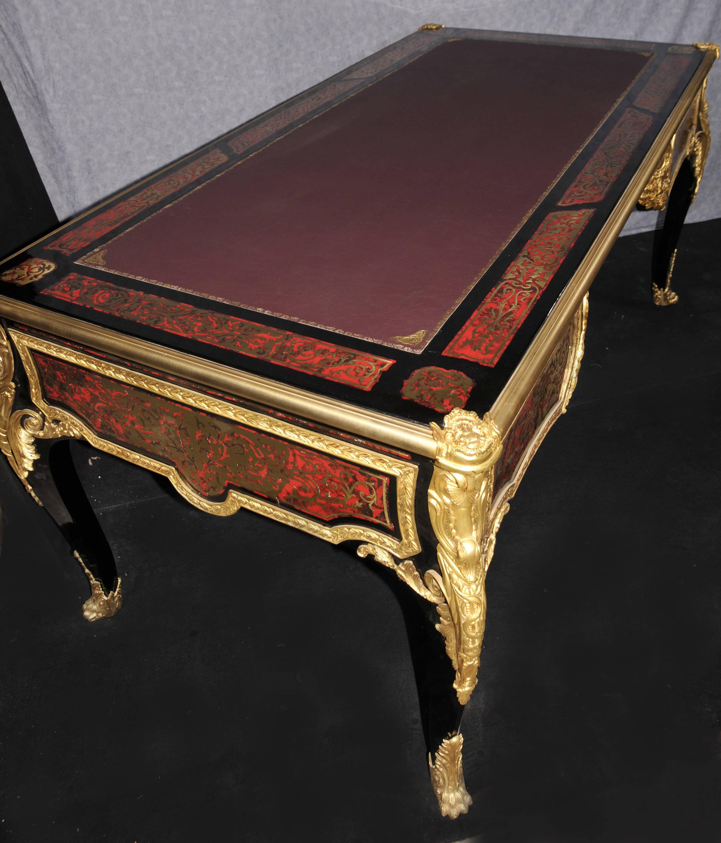 Late 20th Century Large Boulle Louis XVI Desk Writing Table Bureau Plat Marquetry Inlay For Sale