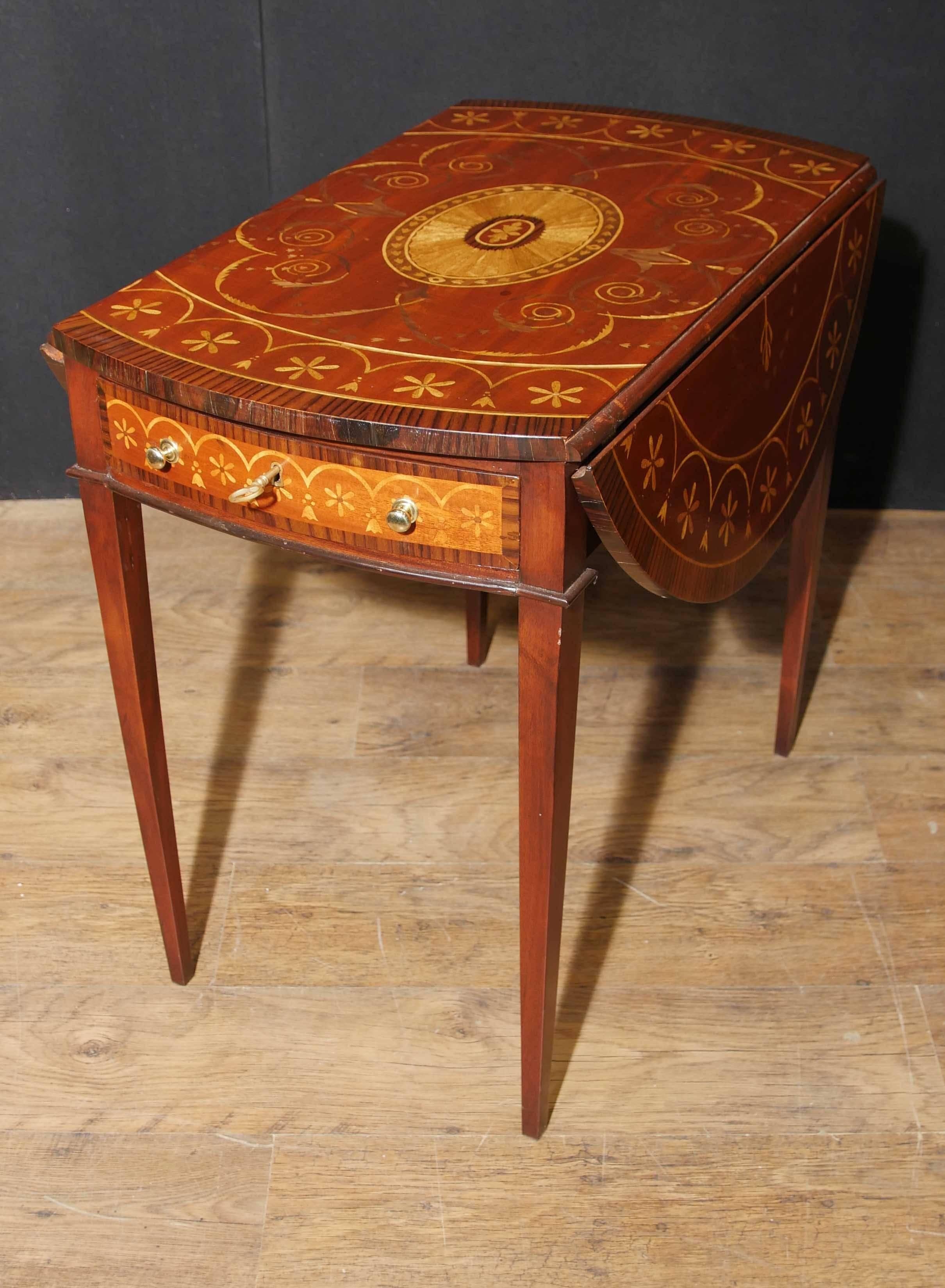 Late 20th Century Sheratonl Style Mahogany Pembroke Table Drop Leaf Tables Marquetry Inlay For Sale