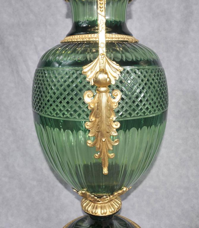 Pair of Extra Large French Empire Style CutGlass Jugs Ewers Ormolu