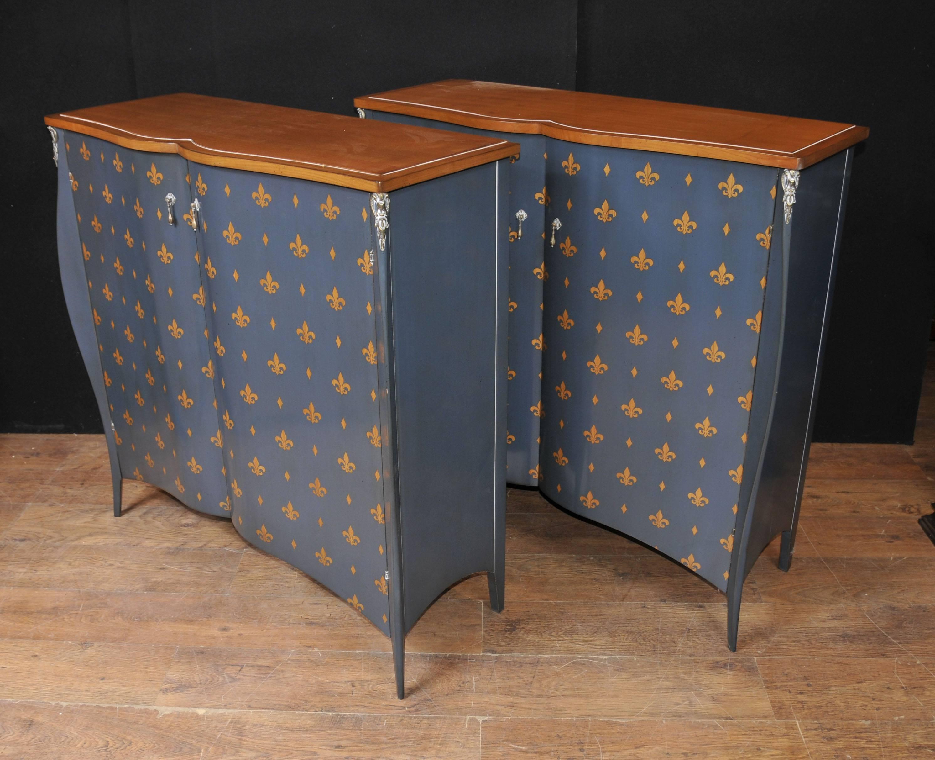 Pair of French Art Nouveau Style Painted Cabinets Fleur De Lys For Sale 3
