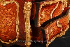 Pair of French Empire Style Bombe Marquetry Commodes Chest Drawers