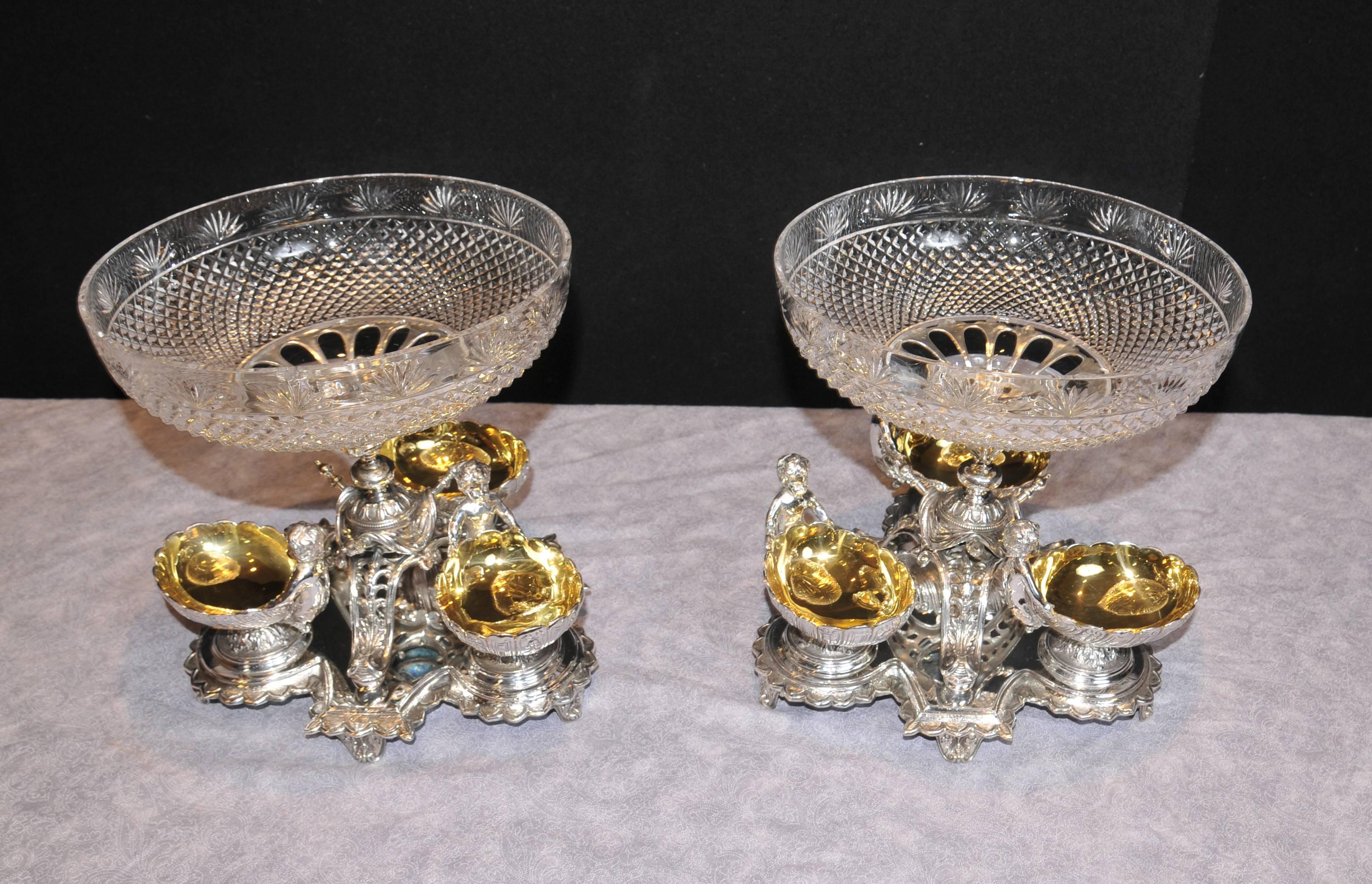 Victorian Pair Sheffield Silver Plate Cherub Glass Bowl Comports Dippers Centrepiece For Sale