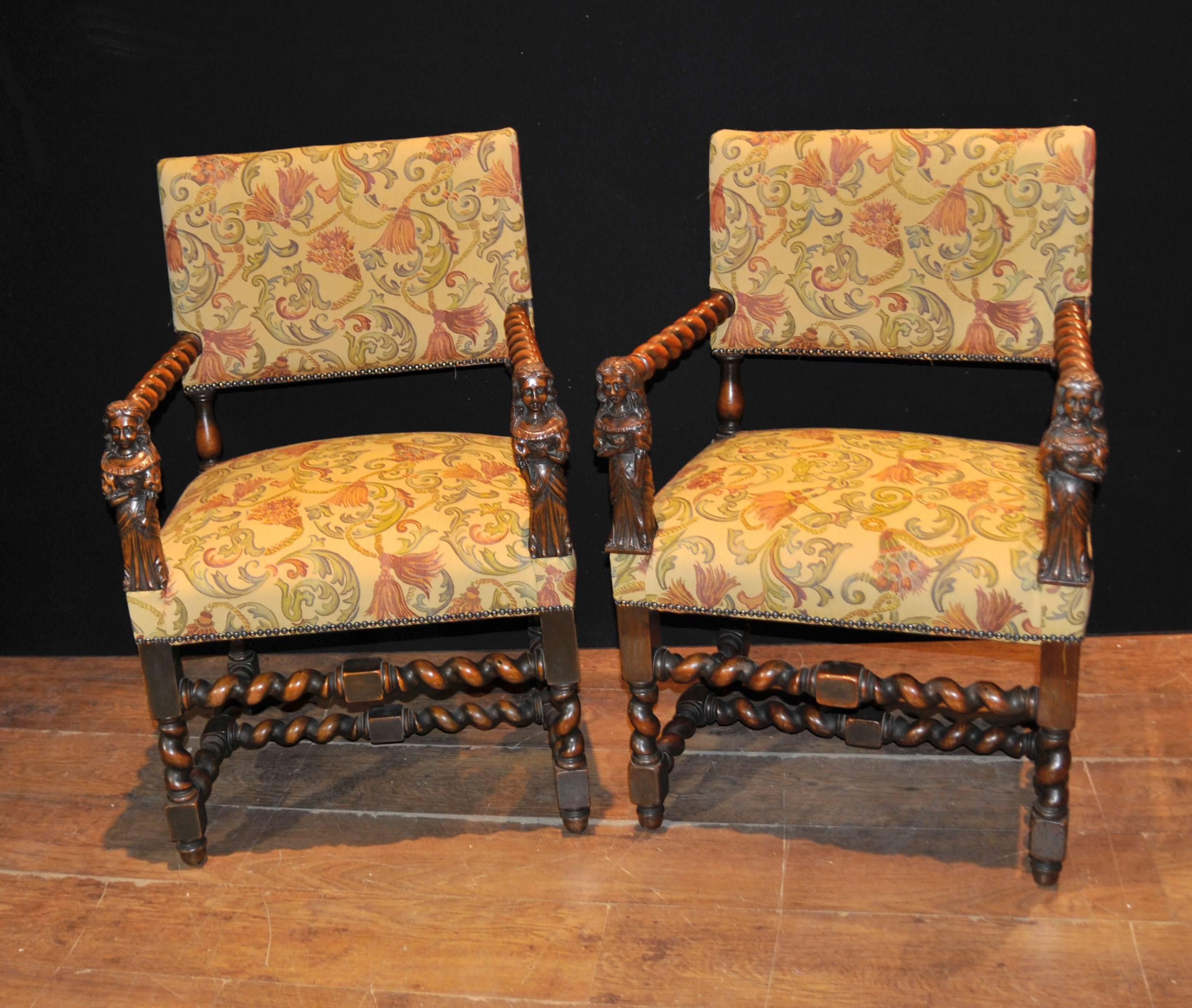 One of my favourite finds right now, gorgeous pair of antique Italian armchairs. We date these to circa 1860. Hand-carved chairs, just look at the arms with the female figurine motif. Then of course the barley twist design to arms, legs and