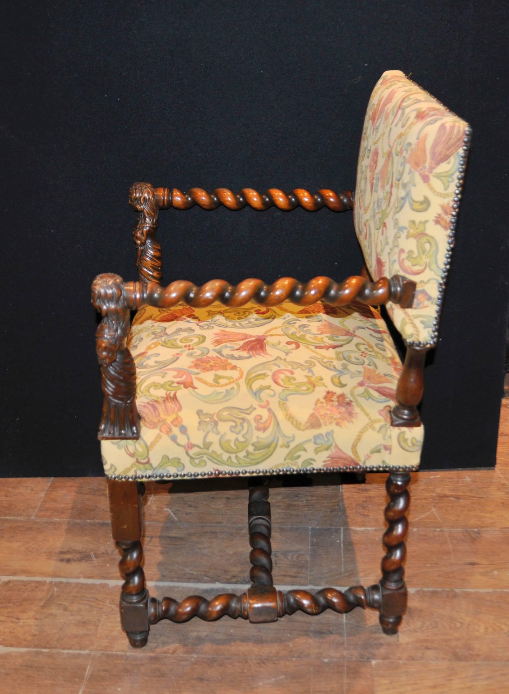 Mid-19th Century Antique Walnut Hand-Carved Italian Armchairs Barley Twist, 1860 For Sale