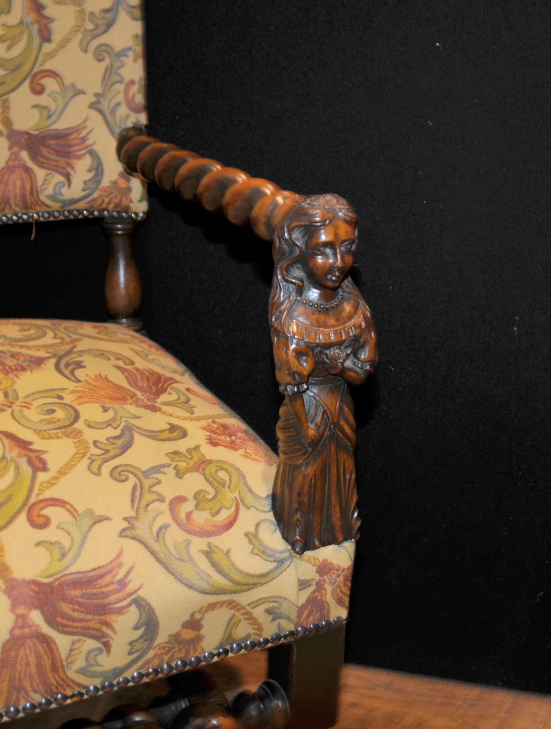 Antique Walnut Hand-Carved Italian Armchairs Barley Twist, 1860 For Sale 1