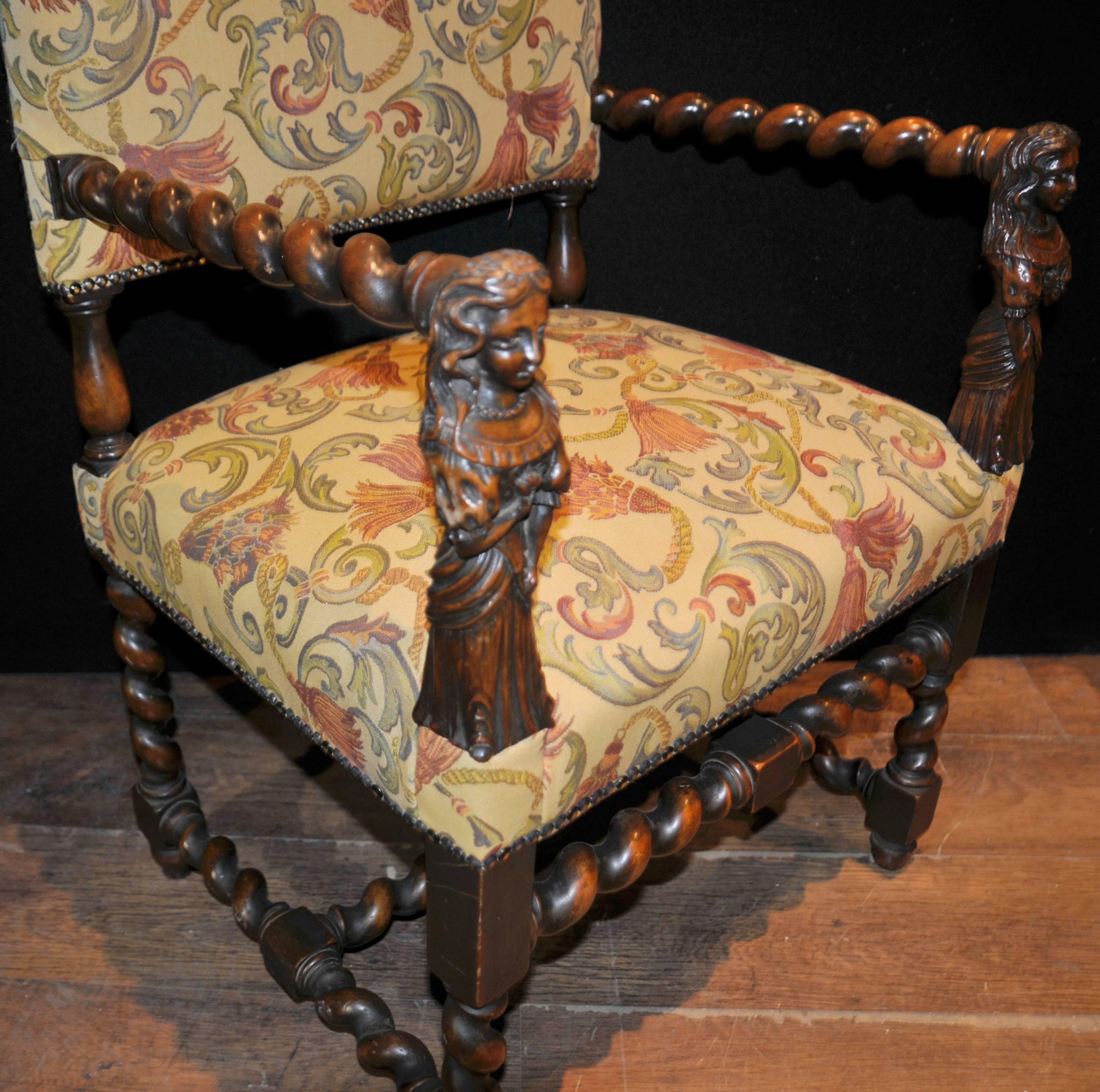 Antique Walnut Hand-Carved Italian Armchairs Barley Twist, 1860 For Sale 2