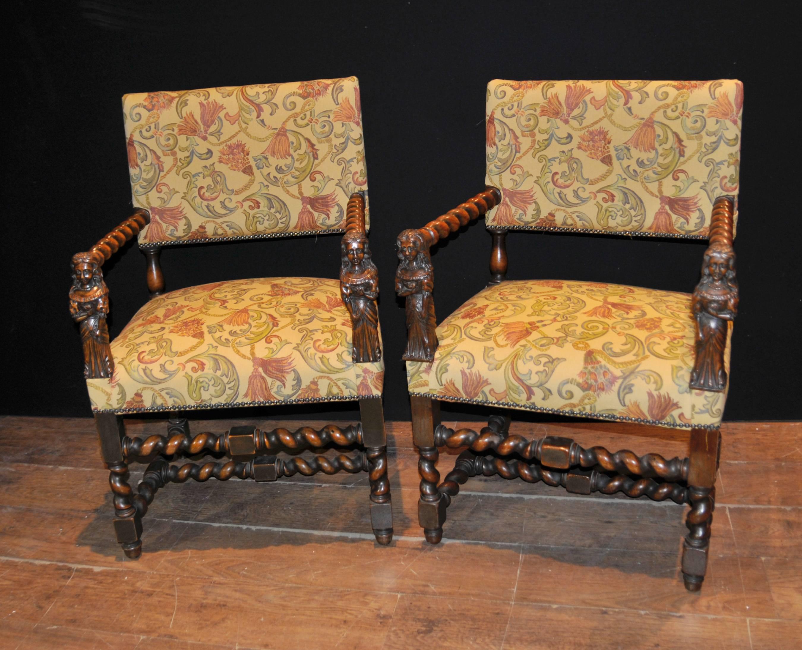 Antique Walnut Hand-Carved Italian Armchairs Barley Twist, 1860 For Sale 4