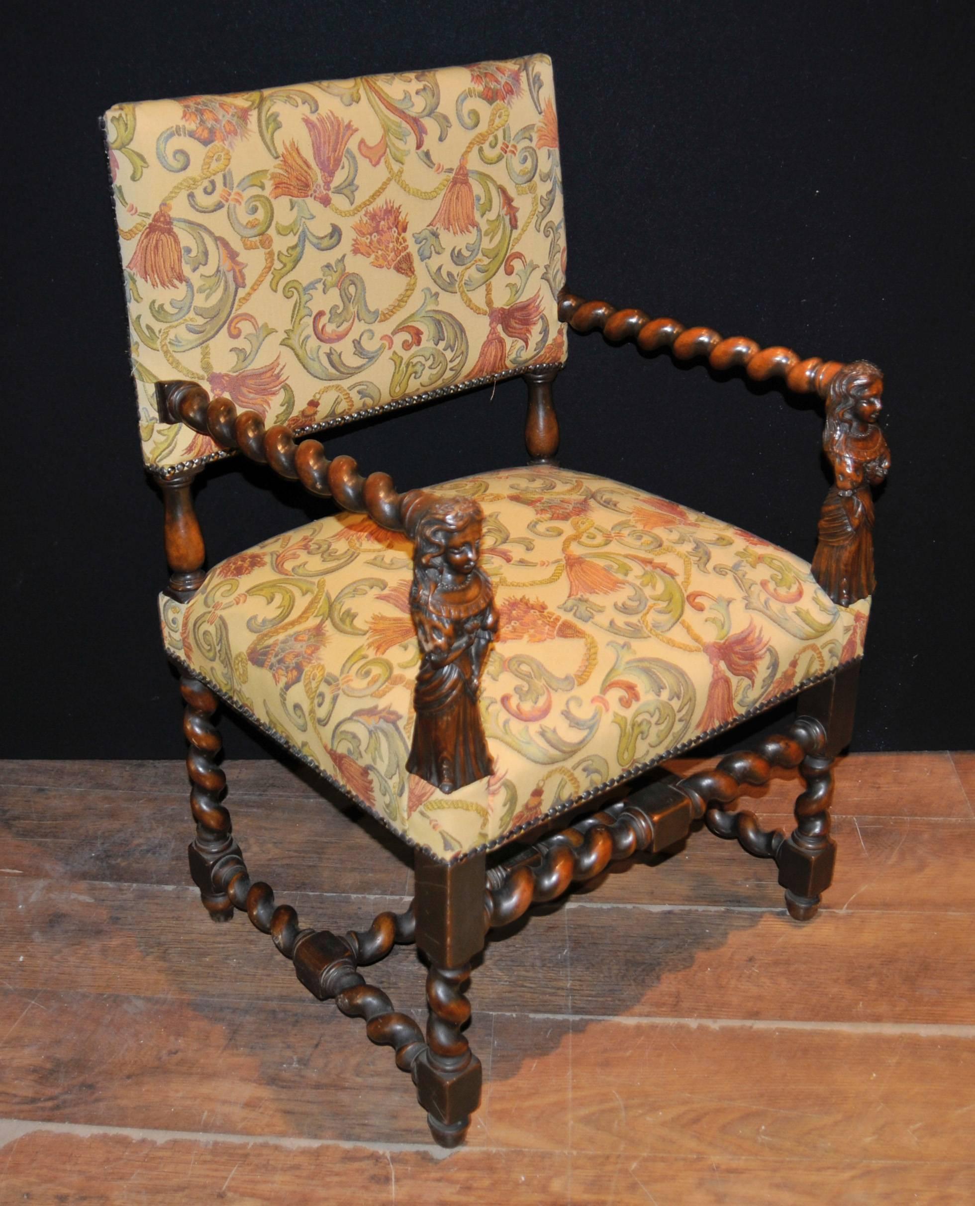 Antique Walnut Hand-Carved Italian Armchairs Barley Twist, 1860 For Sale 5