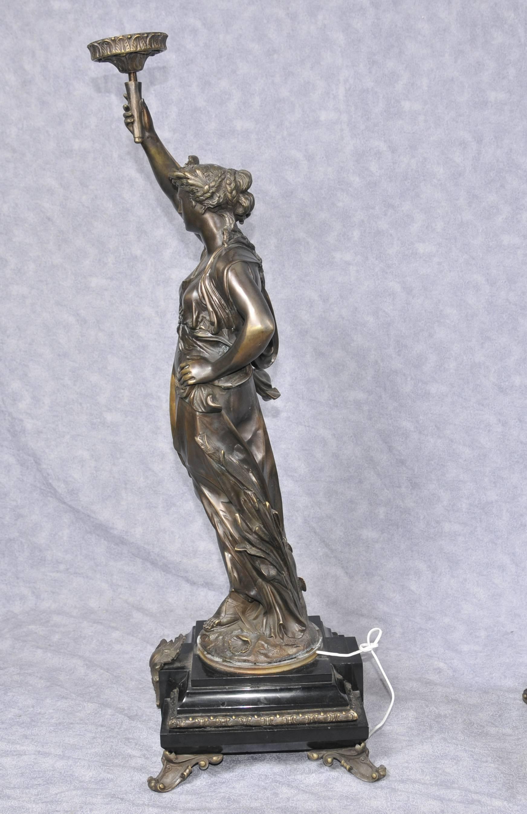 Pair of Bronze Lights Signed Gregoire Statue Liberty Torcheres Lamp For Sale 1