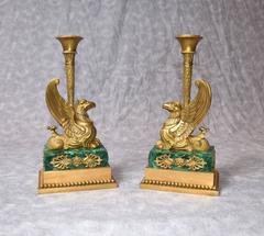 Pair of Antique French Empire Bronze Griffin Candlesticks Malachite