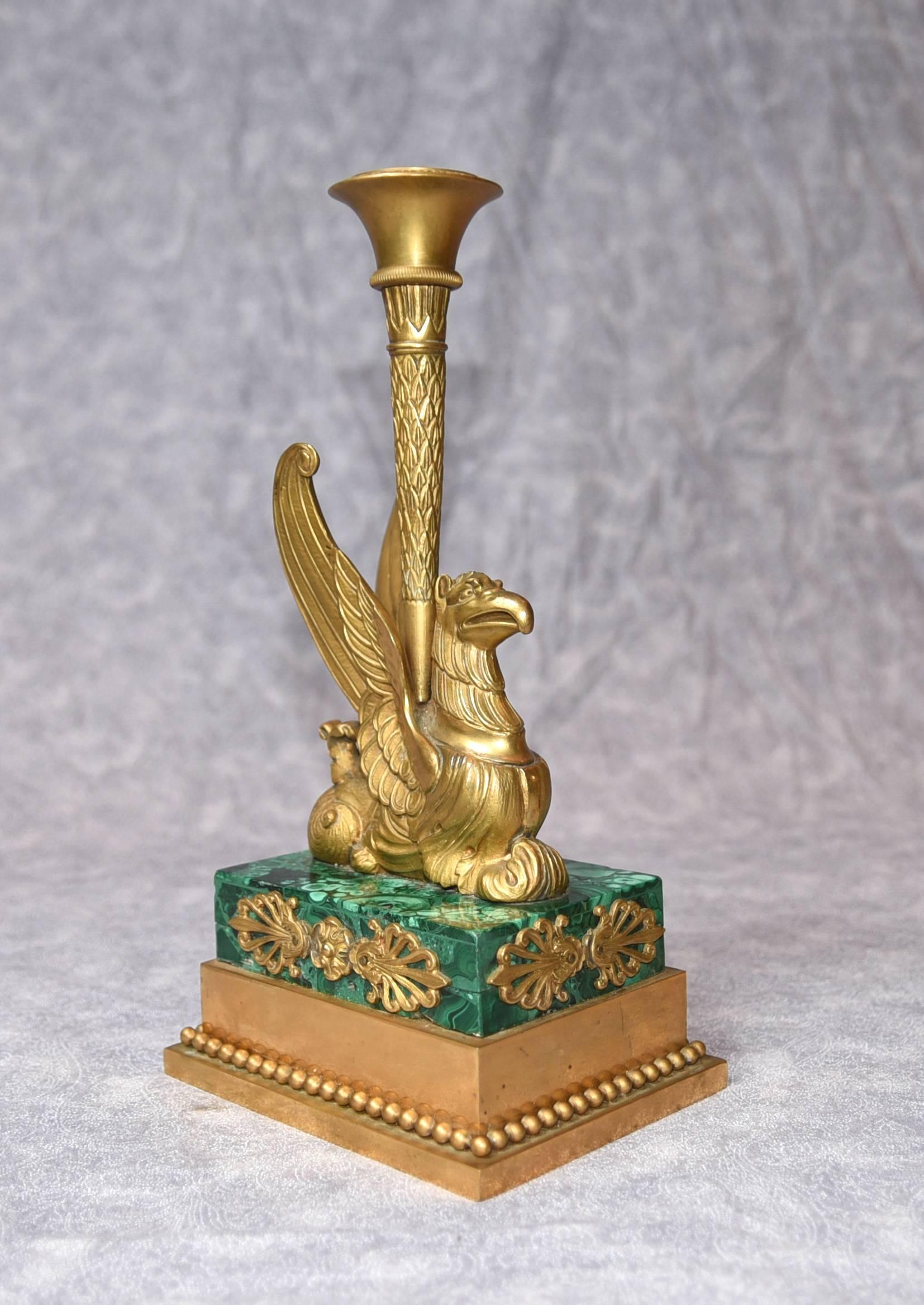 Pair of Antique French Empire Bronze Griffin Candlesticks Malachite For Sale 3