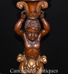 Pair of French Carved Walnut Cherub Pedestal Stands Torcheres