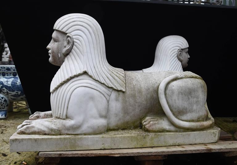 Pair of Large Stone Sphinxes Egyptian Sphinx Garden Statue For Sale at