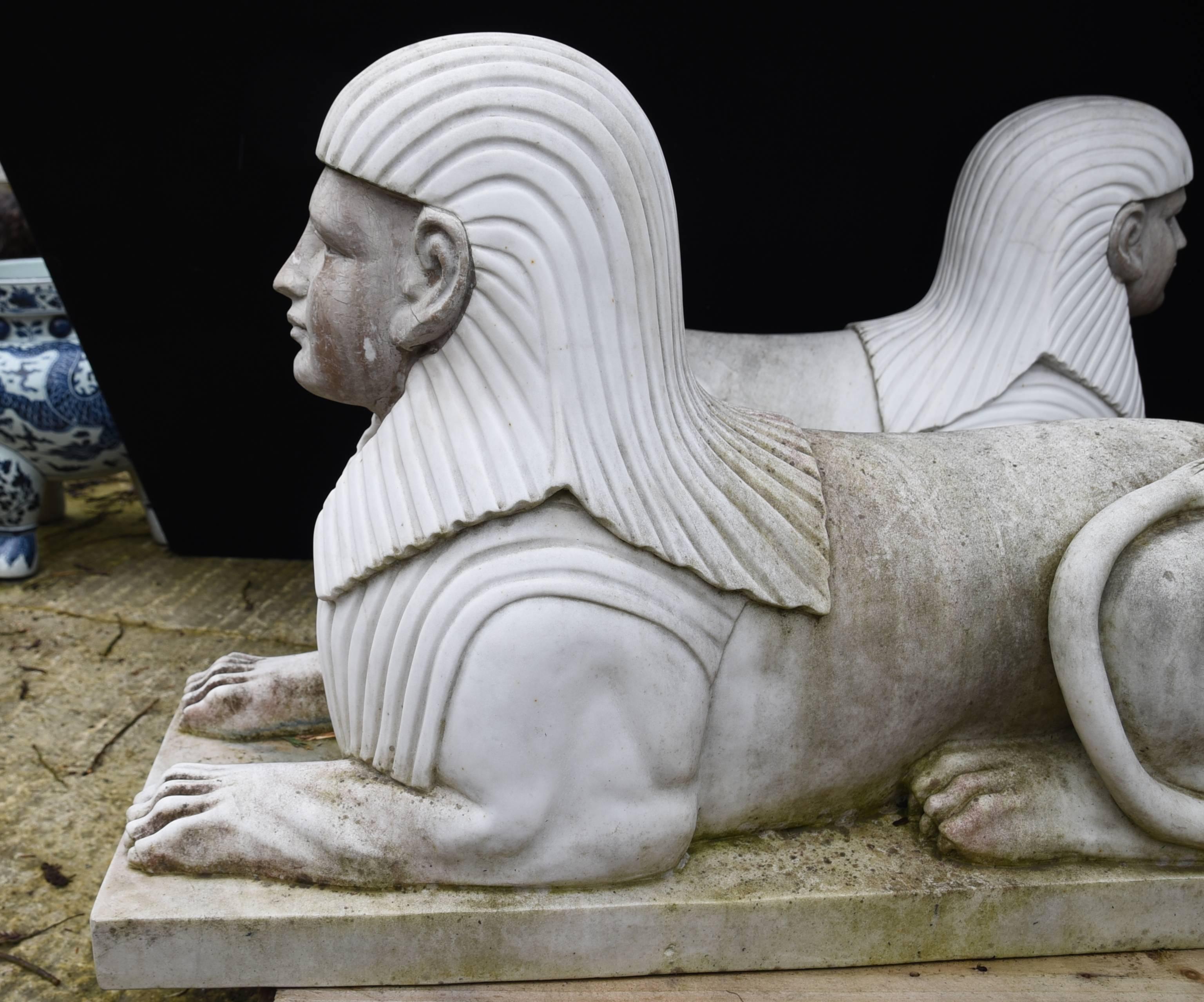 Pair of Large Stone Sphinxes Egyptian Sphinx Garden Statue In Good Condition For Sale In Potters Bar, Herts