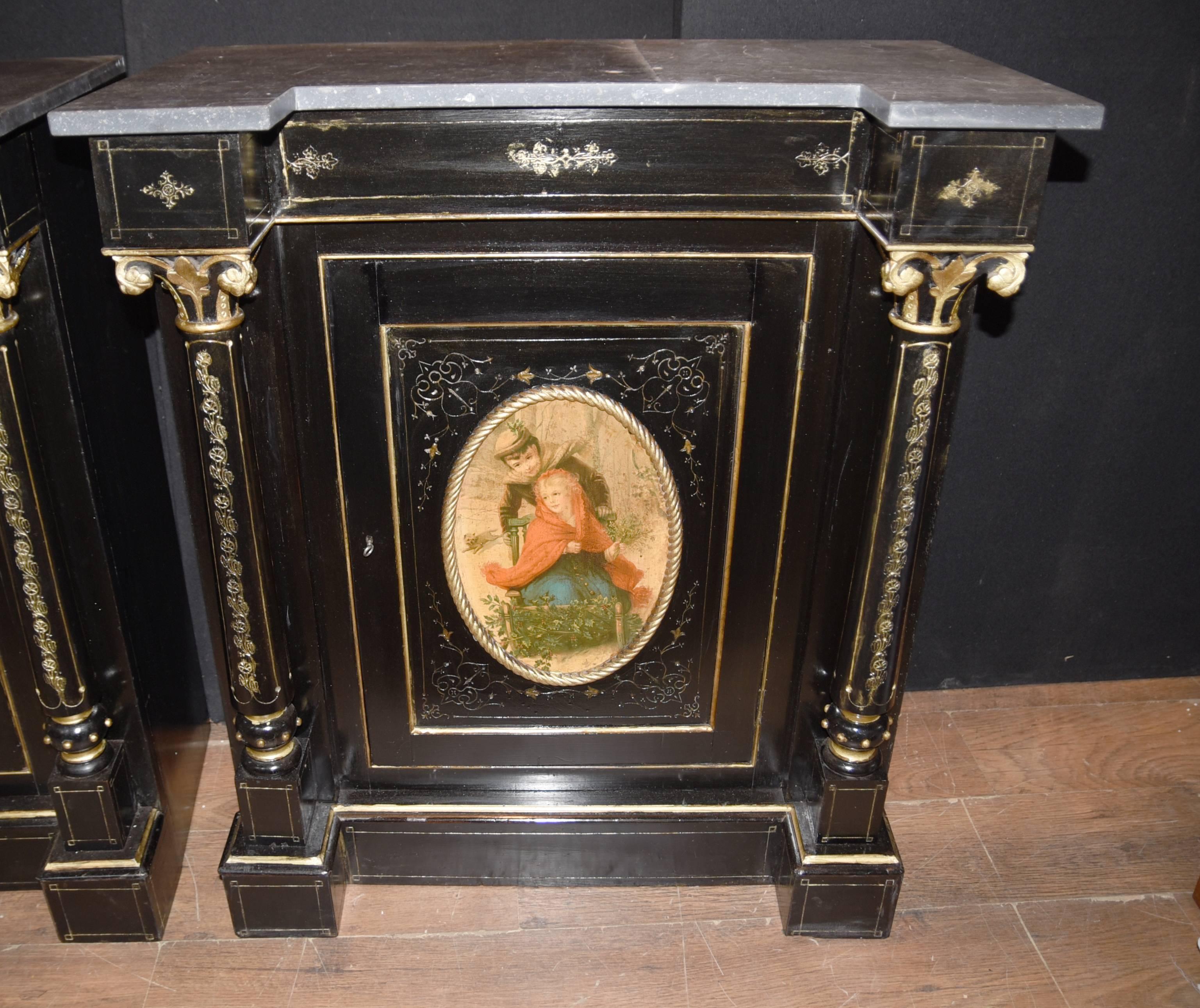 Pair of Antique French Ebonized Cabinets Painted Plaques Credenza Sideboard In Good Condition For Sale In Potters Bar, Herts