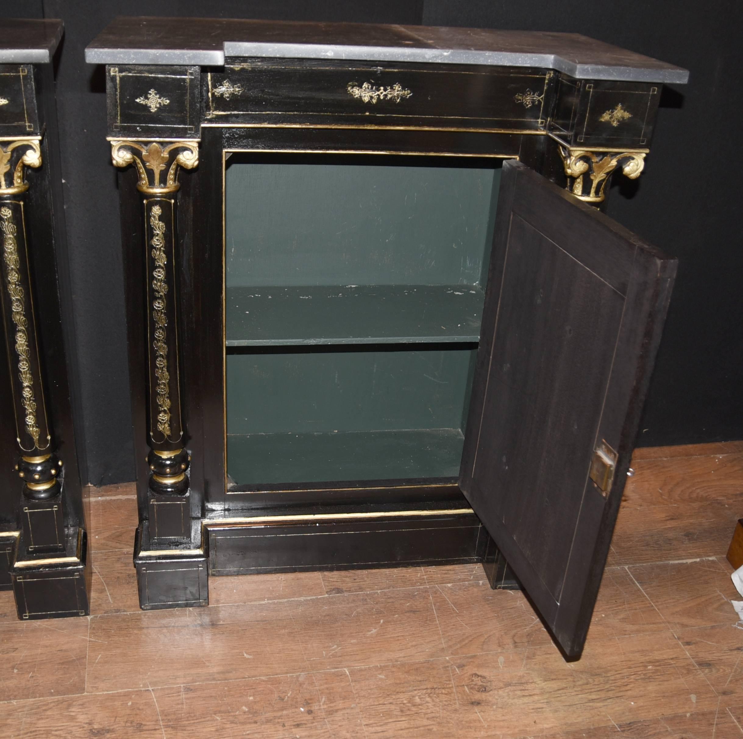 Pair of Antique French Ebonized Cabinets Painted Plaques Credenza Sideboard For Sale 2