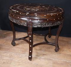 Antique Chinese Hardwood Table Stool Dining Set Mother-of-Pearl Inlay, 1920