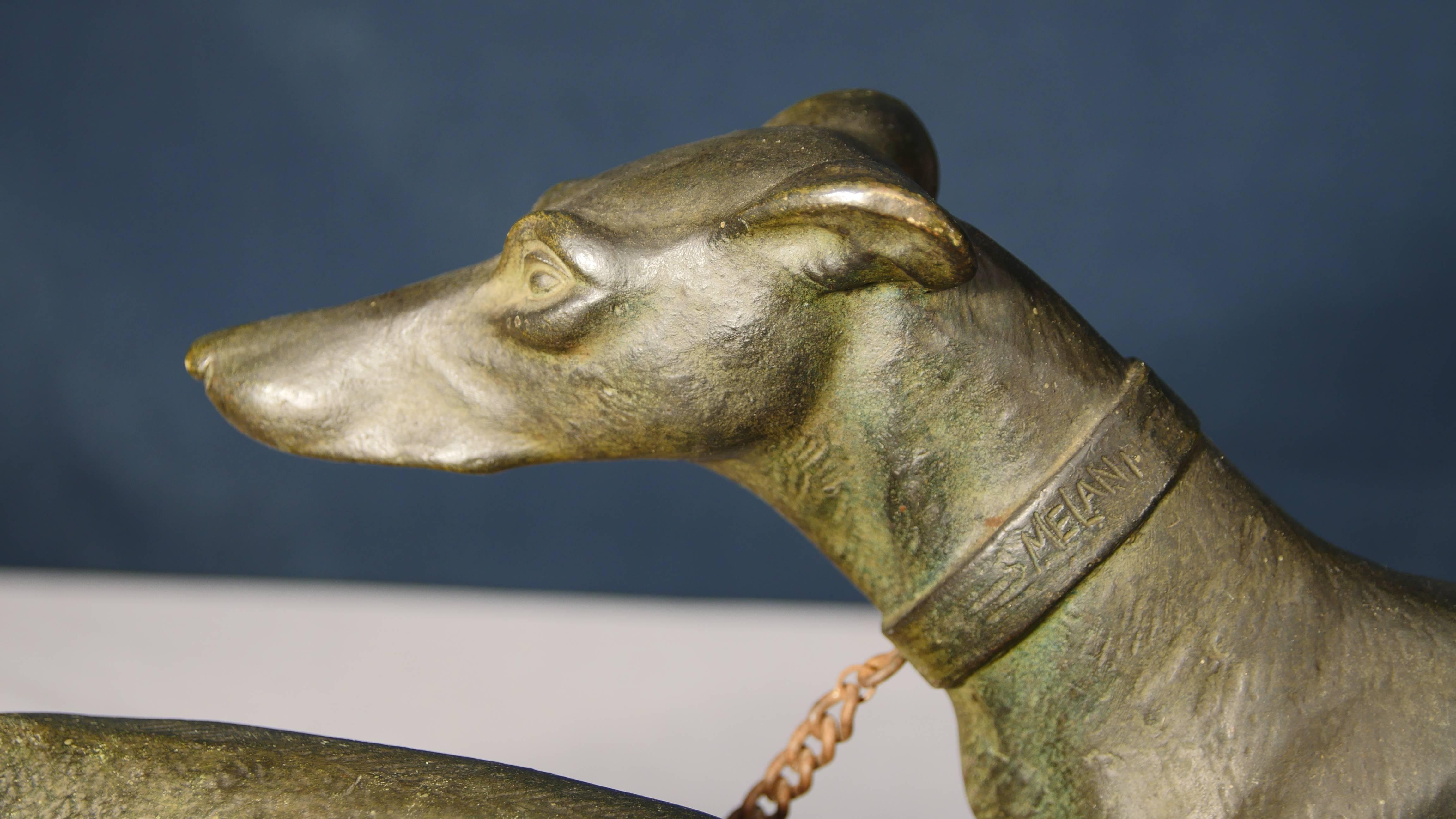 Pair of Antique Art Deco Bronze Greyhounds Signed Salvatore Melani 1925 Hound For Sale 1