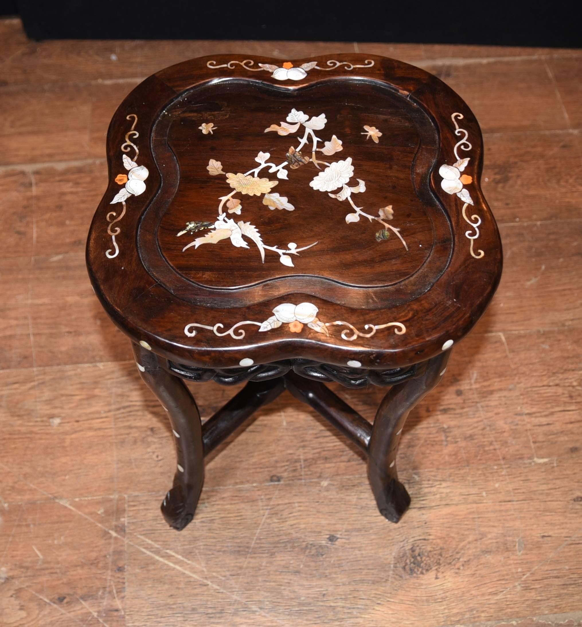 Antique Chinese Table Stool Dining Set Mother-of-Pearl Inlay Hardwood In Good Condition For Sale In Potters Bar, Herts