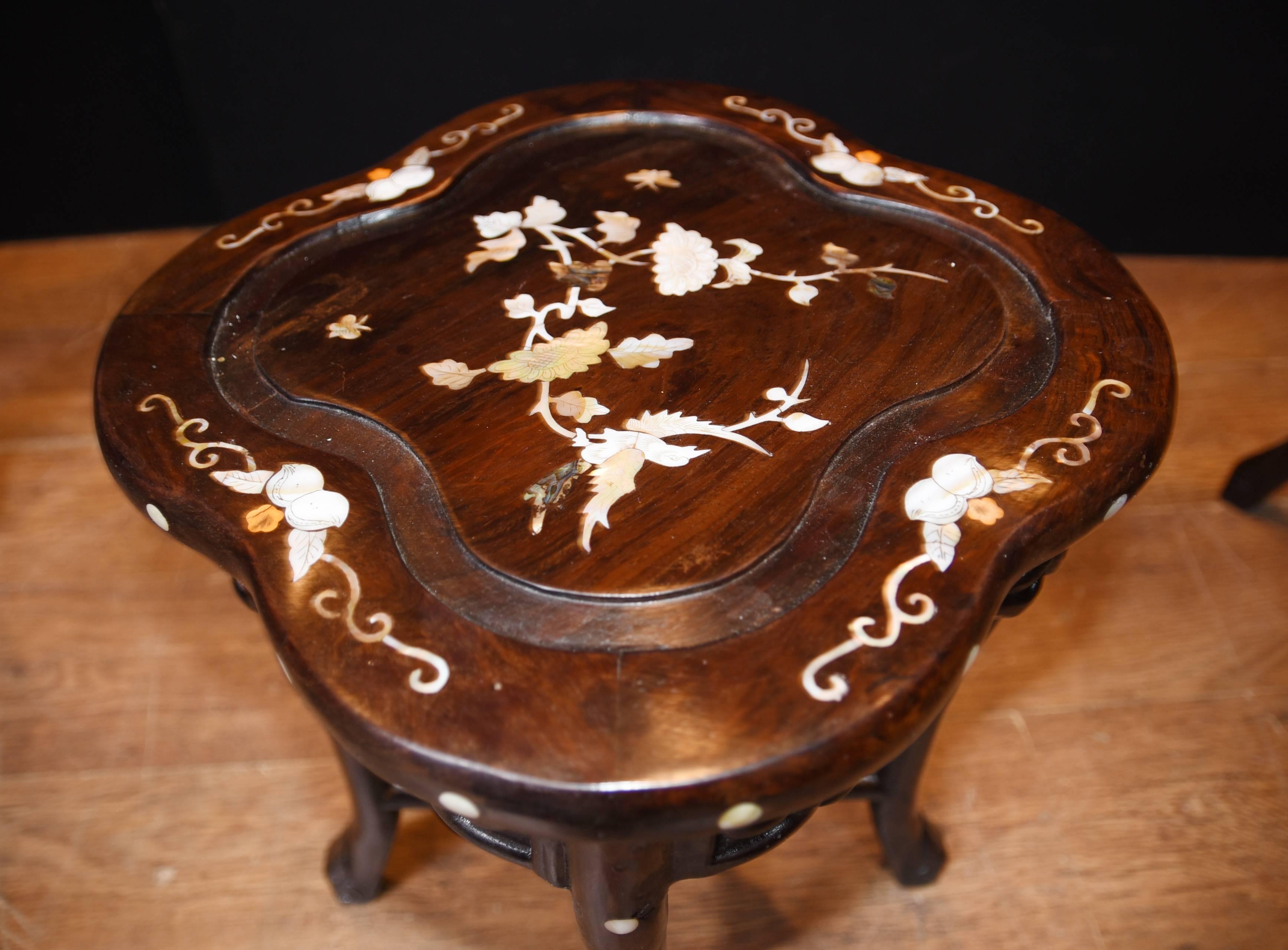 Mid-20th Century Antique Chinese Table Stool Dining Set Mother-of-Pearl Inlay Hardwood For Sale