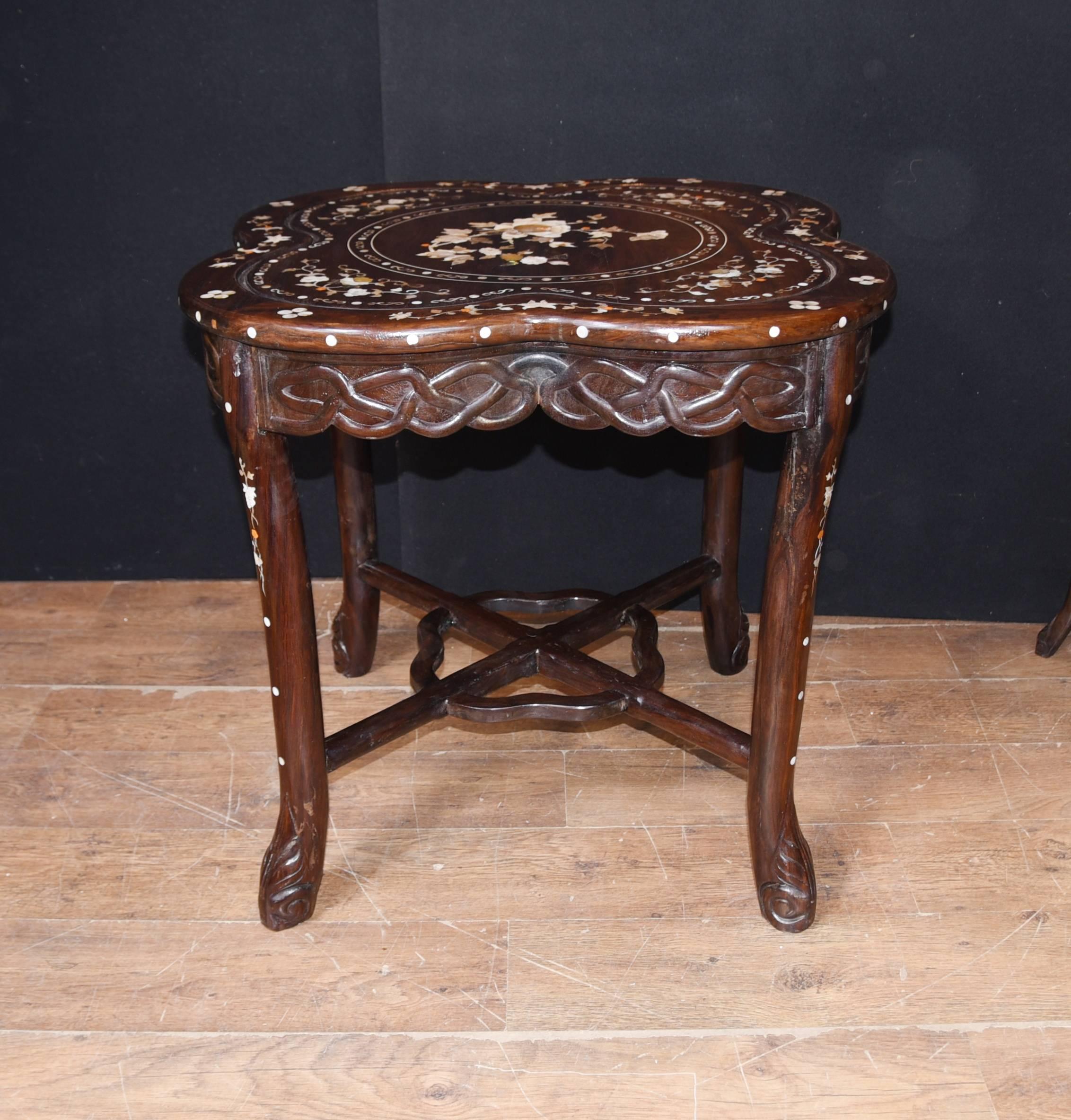 Antique Chinese Table Stool Dining Set Mother-of-Pearl Inlay Hardwood For Sale 2